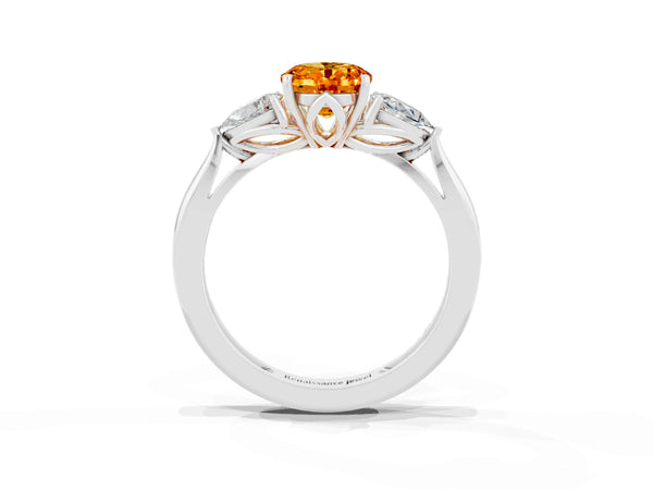 White gold Three-Stone Oval Cut Citrine Ring with Pear  Side Stones in Four-Prong Setting