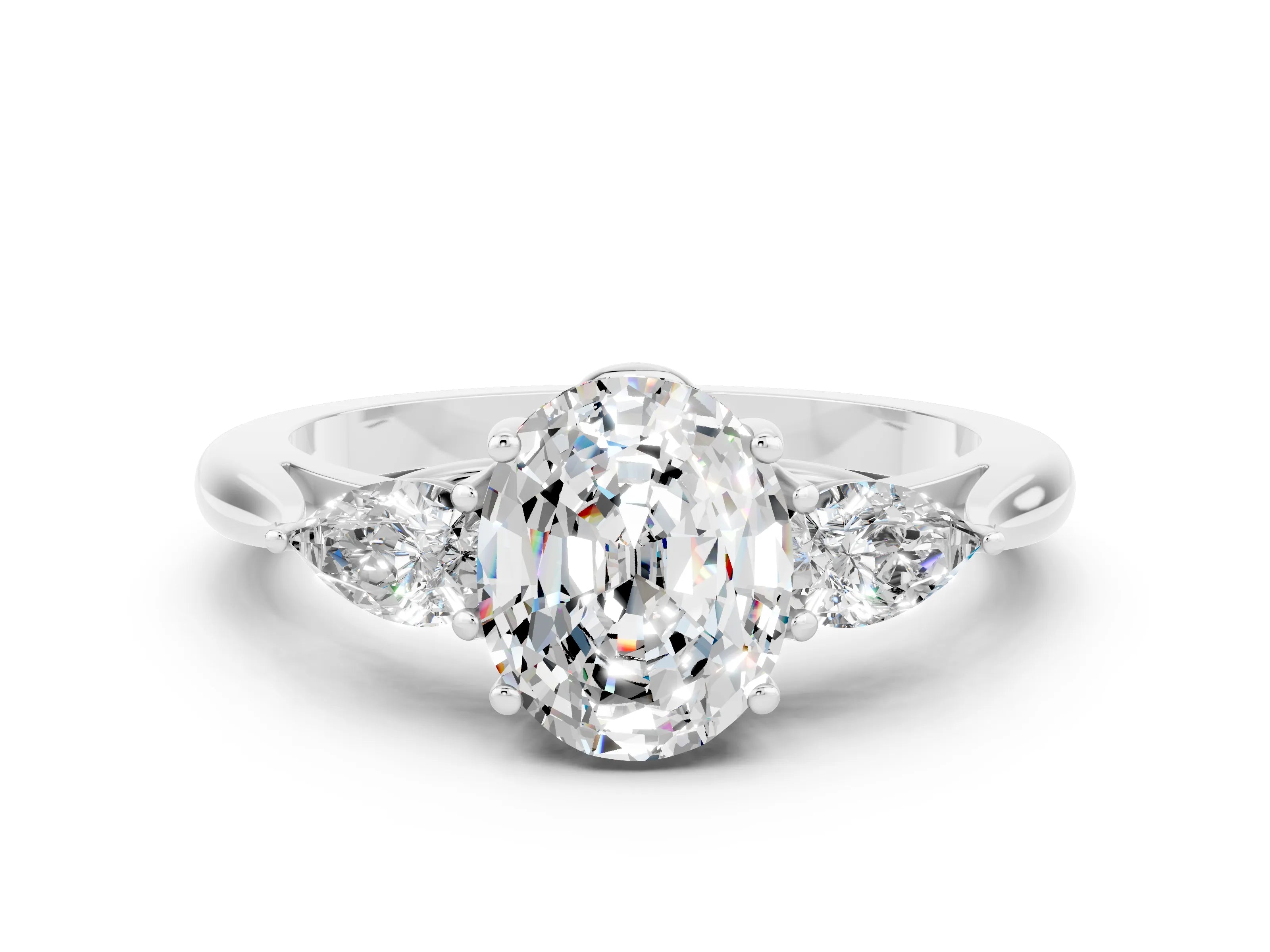 White gold Three-Stone Oval Cut Cut Diamond Ring with Pear Side Stones in Four-Prong Setting