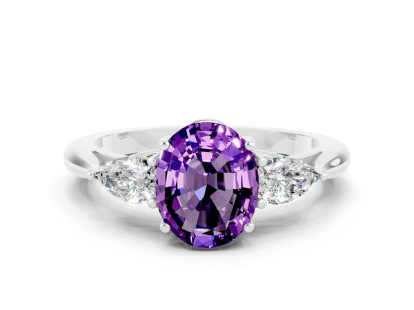Silver Three-Stone Oval Cut Amethyst Ring with Pear  Side Stones in Four-Prong Setting