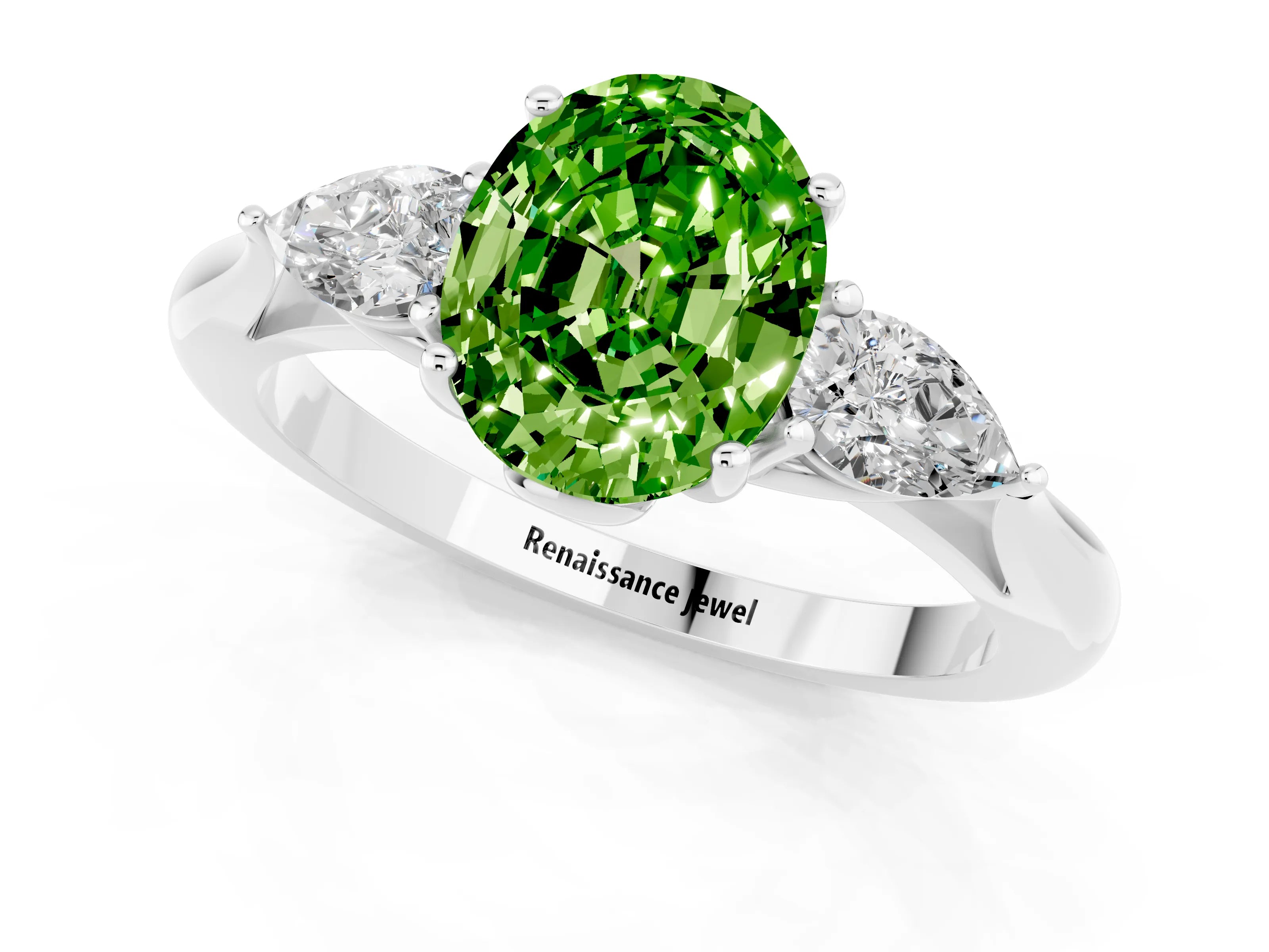 White gold Three-Stone Oval Cut Cut Diamond Ring with Pear Side Stones in Four-Prong Setting_1