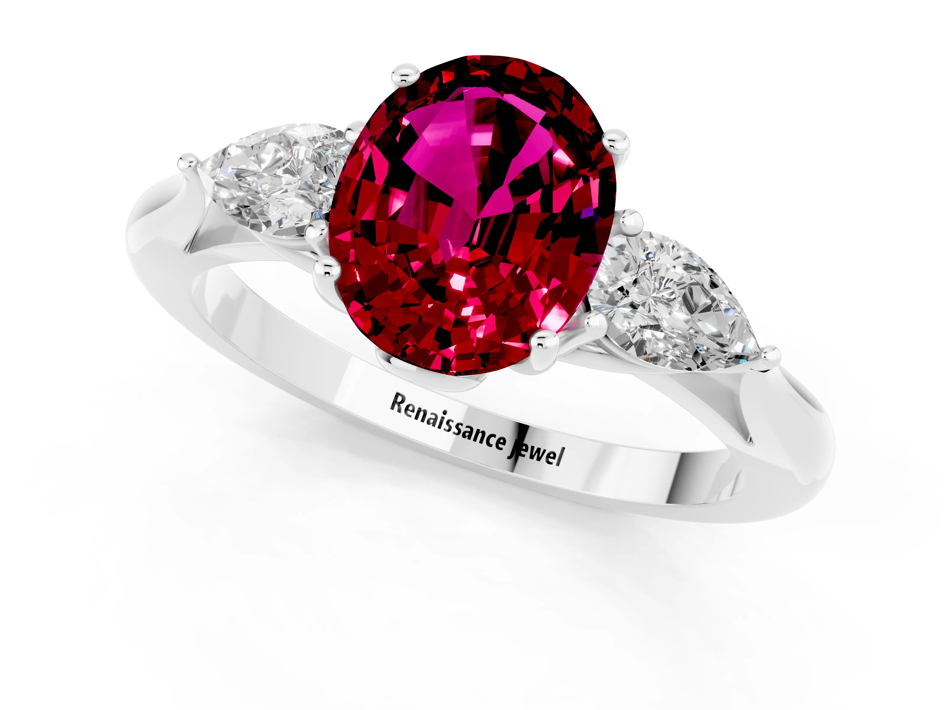 White gold Three-Stone Oval Cut Cut Diamond Ring with Pear Side Stones in Four-Prong Setting_1