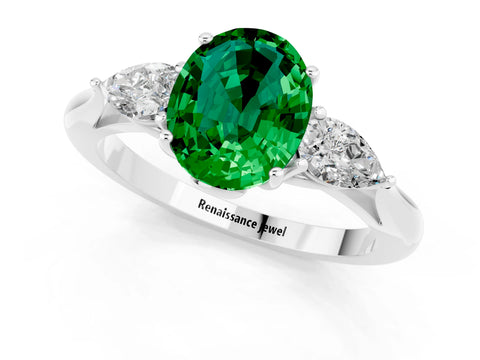 White gold Three-Stone Oval Cut Cut Diamond Ring with Pear Side Stones in Four-Prong Setting_1
