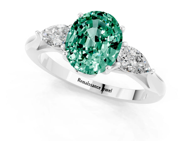 White gold Three-Stone Oval Cut Green Sapphire Ring with Pear  Side Stones in Four-Prong Setting