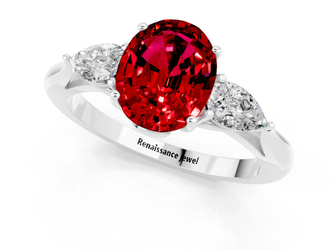 White gold Three-Stone Oval Cut Cut Diamond Ring with Pear Side Stones in Four-Prong Setting_1