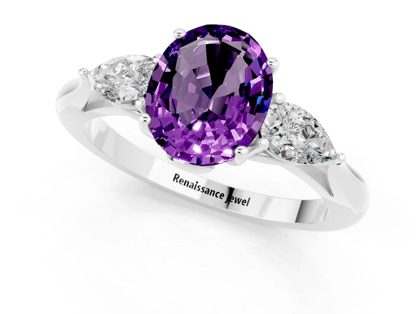 Platinum Three-Stone Oval Cut Amethyst Ring with Pear  Side Stones in Four-Prong Setting