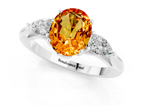 White gold Three-Stone Oval Cut Citrine Ring with Pear  Side Stones in Four-Prong Setting