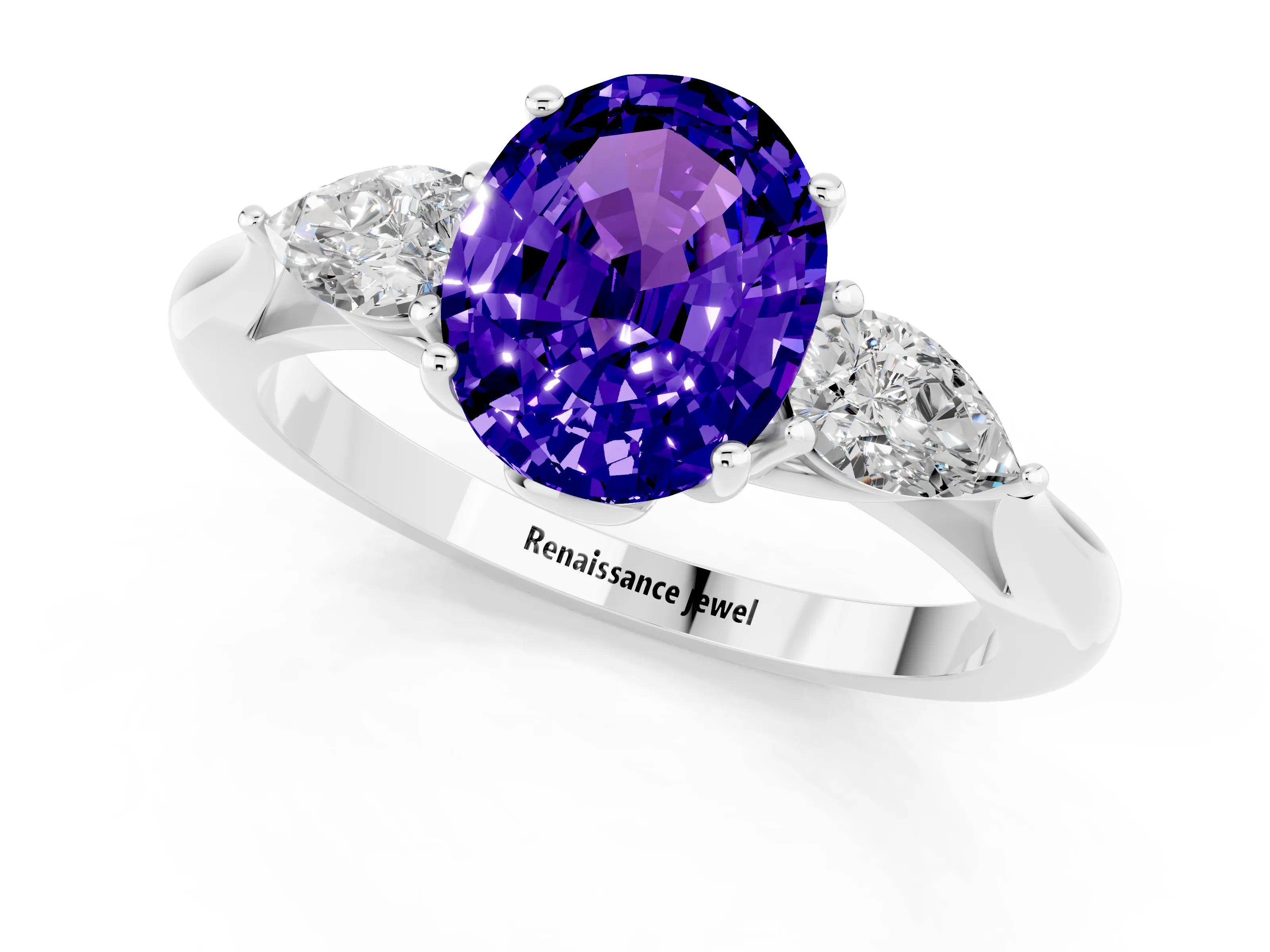 White gold Three-Stone Oval Cut Cut Diamond Ring with Pear Side Stones in Four-Prong Setting_1