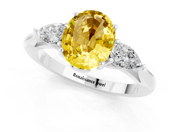 White gold Three-Stone Oval Cut Yellow Sapphire Ring with Pear  Side Stones in Four-Prong Setting