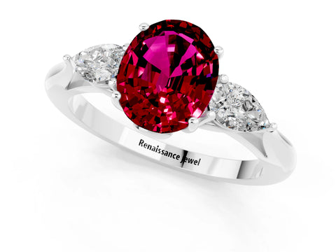 White gold Three-Stone Oval Cut Cut Diamond Ring with Pear Side Stones in Four-Prong Setting_1