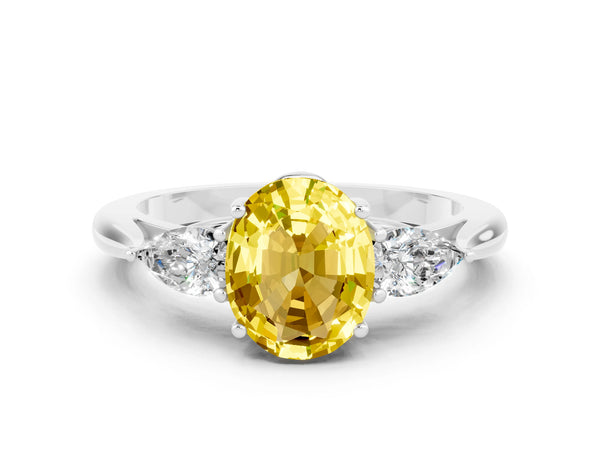 Platinum Three-Stone Oval Cut Yellow Sapphire Ring with Pear  Side Stones in Four-Prong Setting