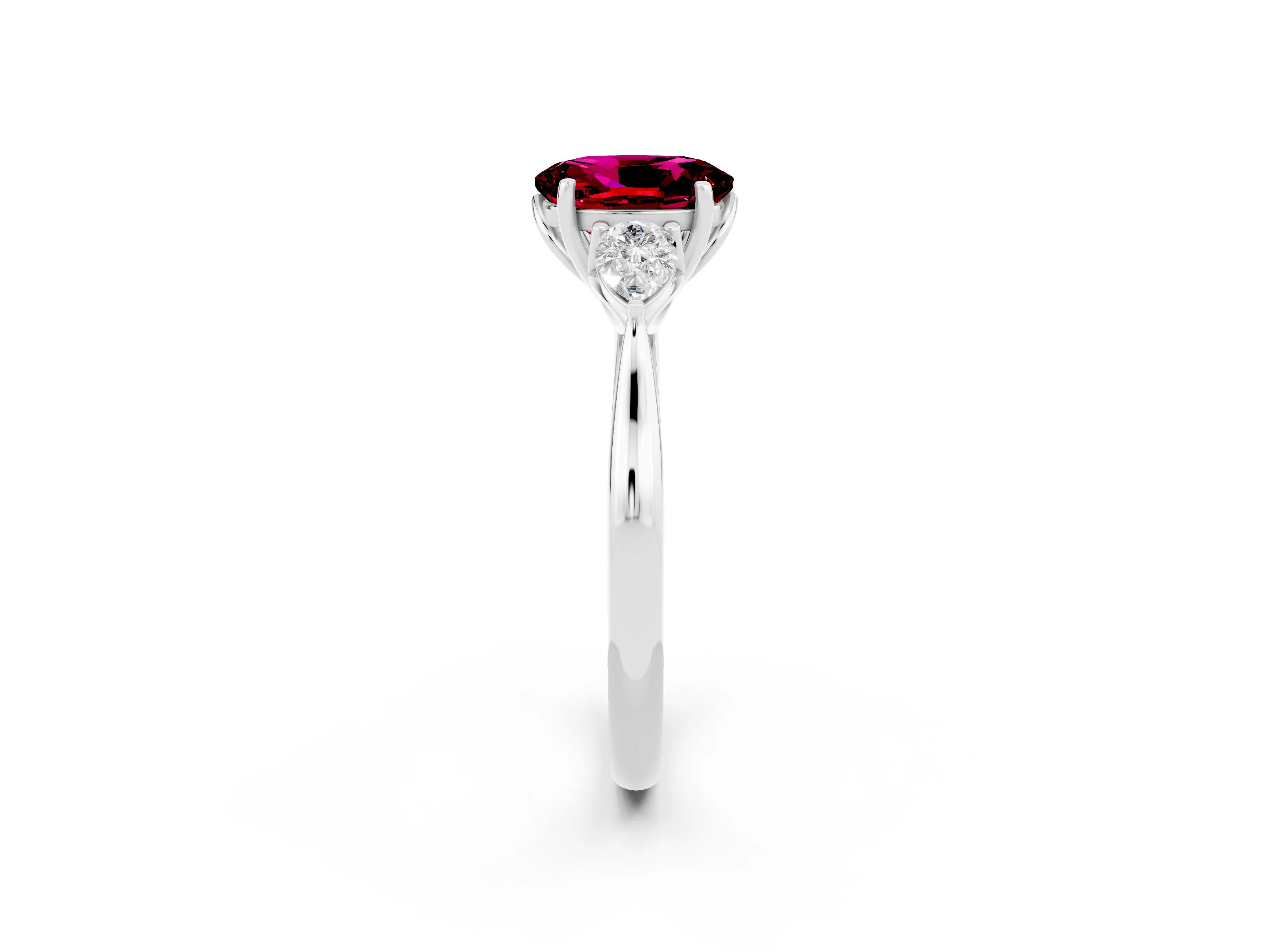 White gold Three-Stone Oval Cut Cut Diamond Ring with Pear Side Stones in Four-Prong Setting_2