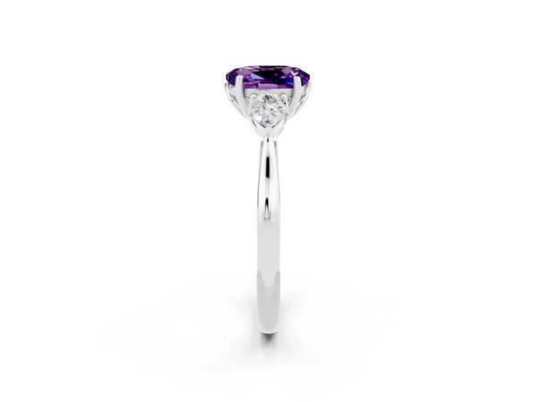 Platinum Three-Stone Oval Cut Amethyst Ring with Pear  Side Stones in Four-Prong Setting