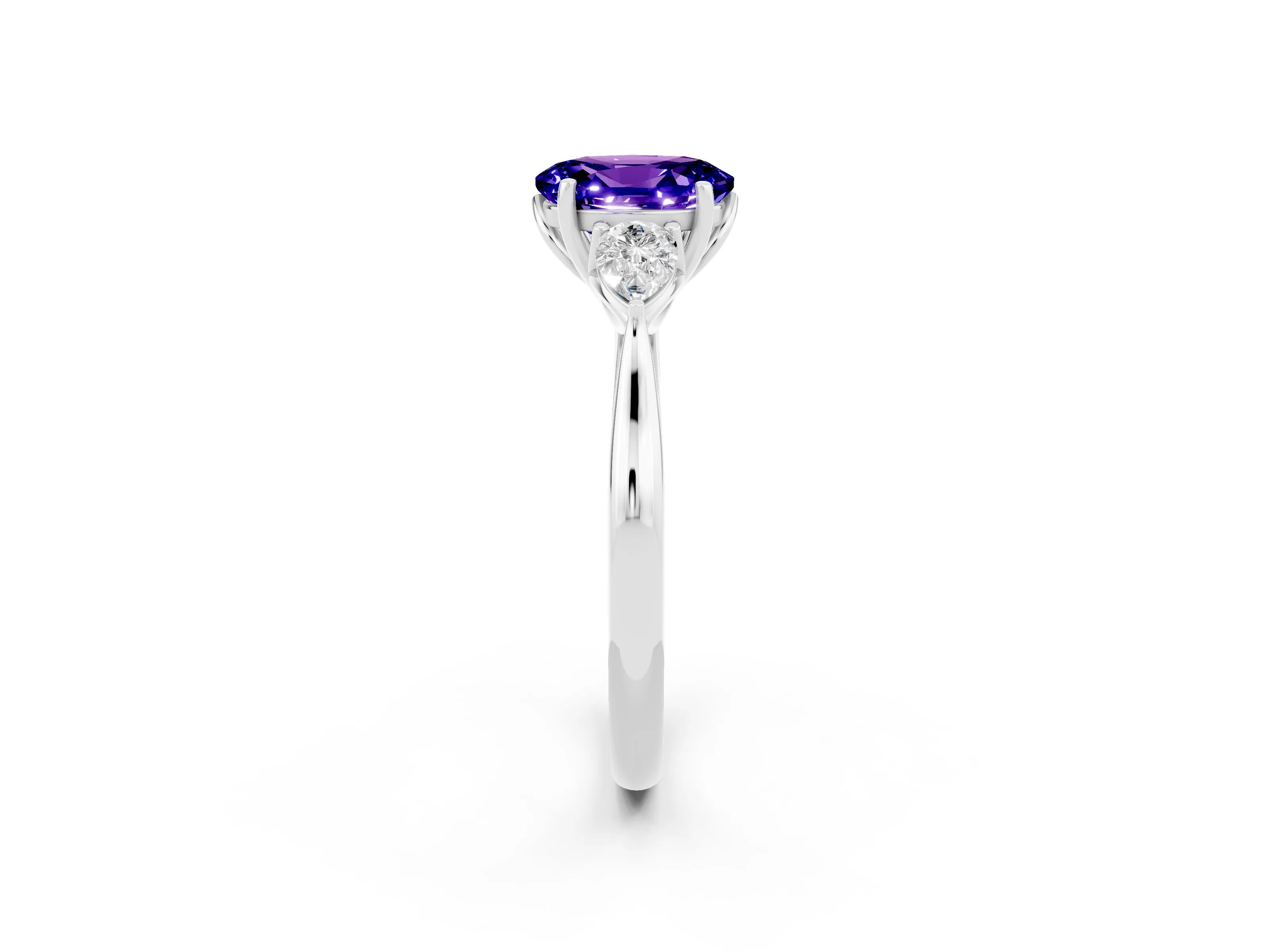White gold Three-Stone Oval Cut Cut Diamond Ring with Pear Side Stones in Four-Prong Setting_2