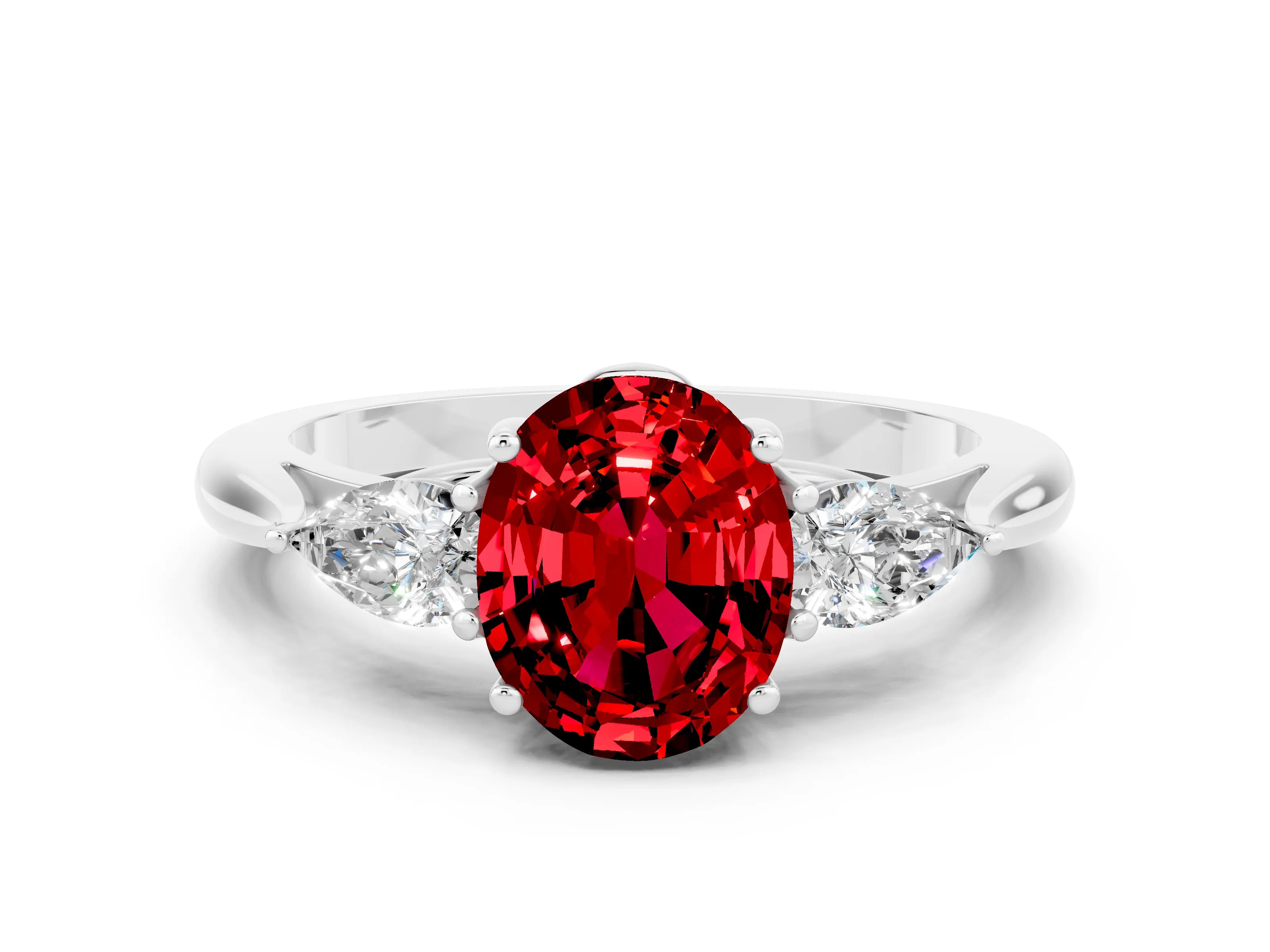 White gold Three-Stone Oval Cut Cut Diamond Ring with Pear Side Stones in Four-Prong Setting