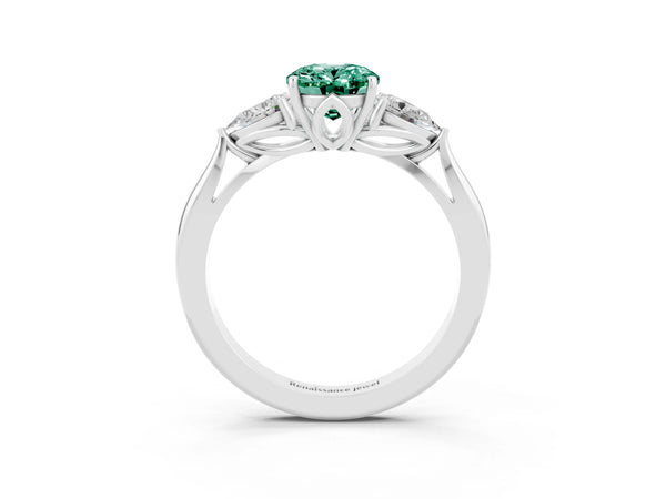 Silver Three-Stone Oval Cut Green Sapphire Ring with Pear  Side Stones in Four-Prong Setting