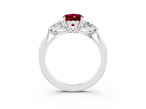 White gold Three-Stone Oval Cut Cut Diamond Ring with Pear Side Stones in Four-Prong Setting_3