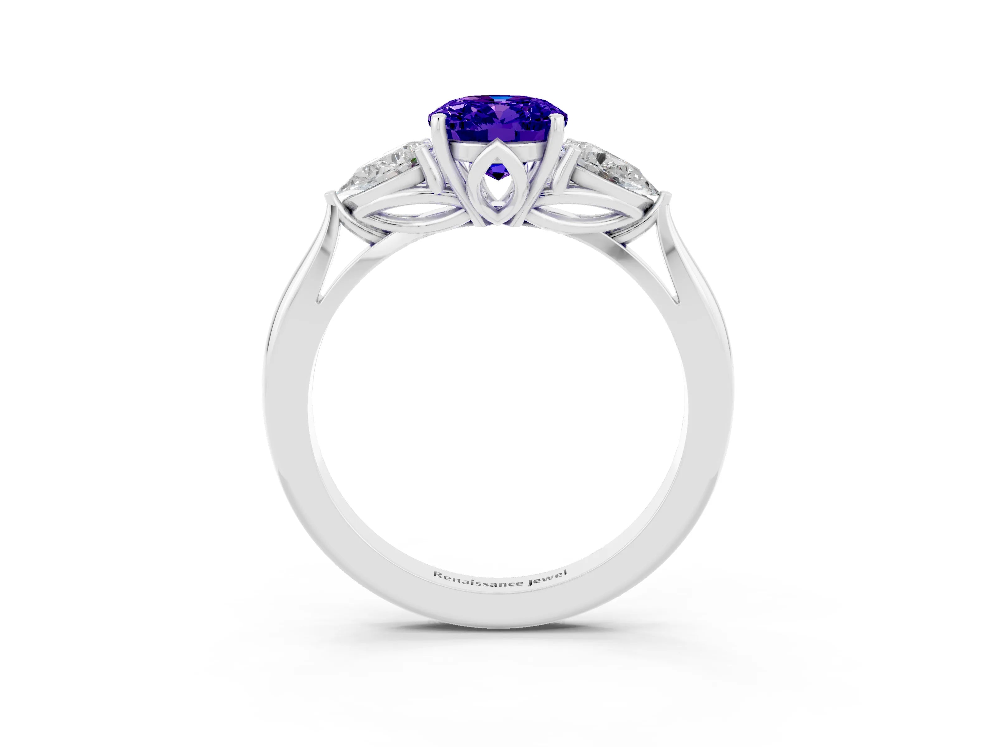 White gold Three-Stone Oval Cut Cut Diamond Ring with Pear Side Stones in Four-Prong Setting_3