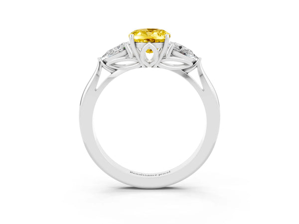 Silver Three-Stone Oval Cut Yellow Sapphire Ring with Pear  Side Stones in Four-Prong Setting