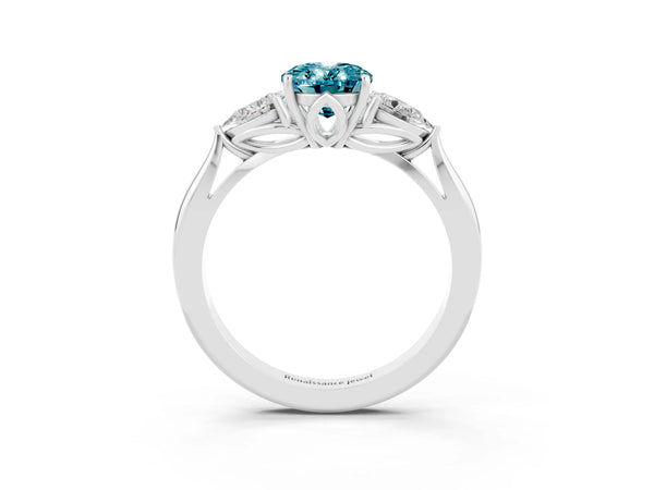 Silver Three-Stone Oval Cut Cut Diamond Ring with Pear Side Stones in Four-Prong Setting