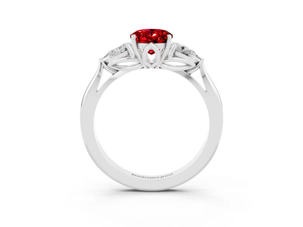 Silver Three-Stone Oval Cut Cut Diamond Ring with Pear Side Stones in Four-Prong Setting