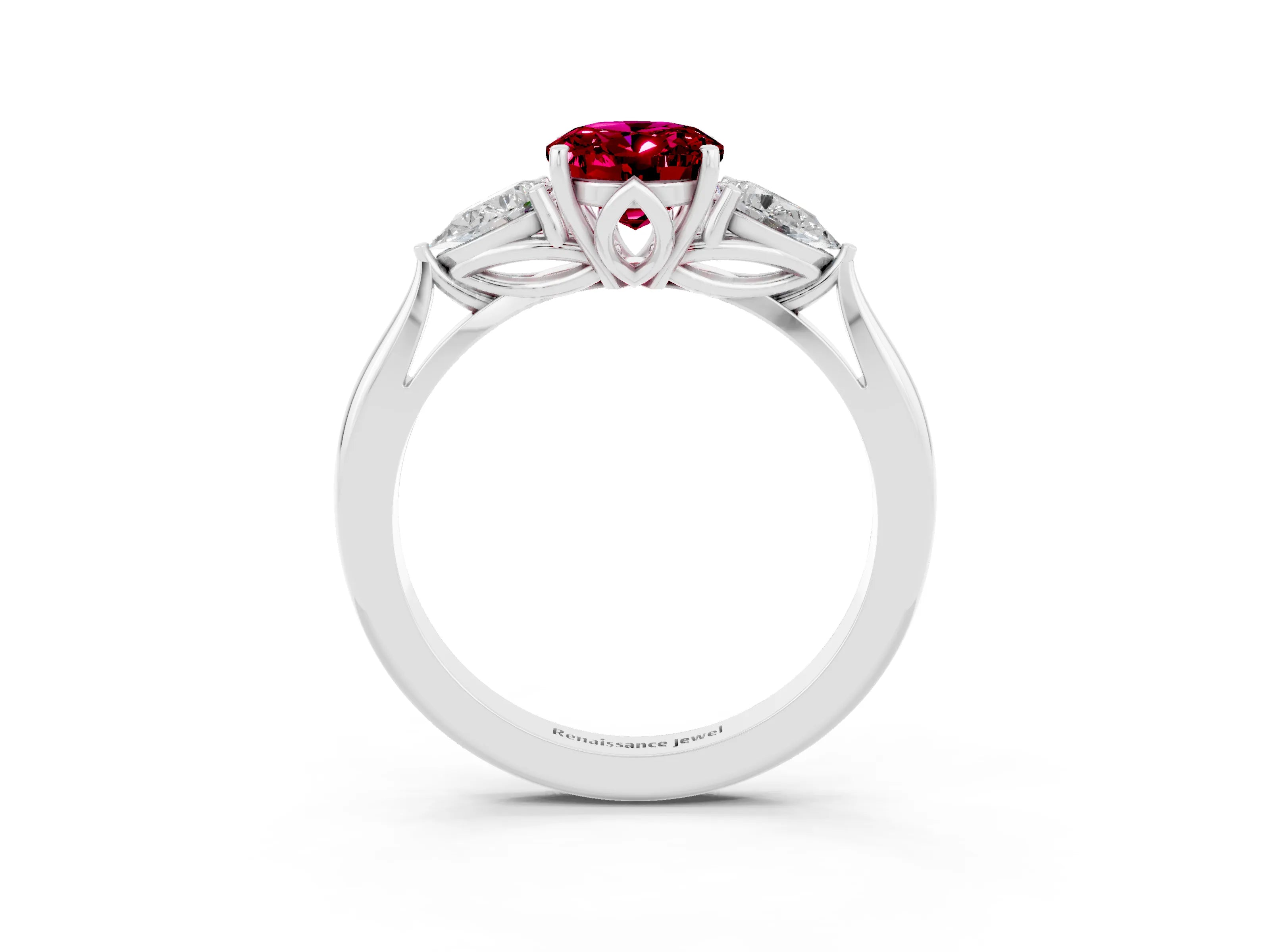 White gold Three-Stone Oval Cut Cut Diamond Ring with Pear Side Stones in Four-Prong Setting_3