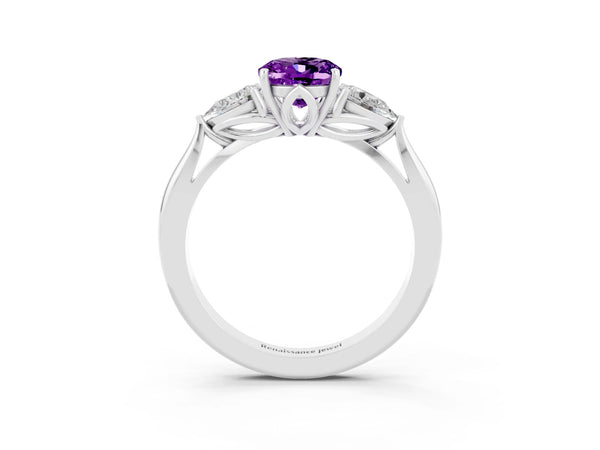 Silver Three-Stone Oval Cut Amethyst Ring with Pear  Side Stones in Four-Prong Setting