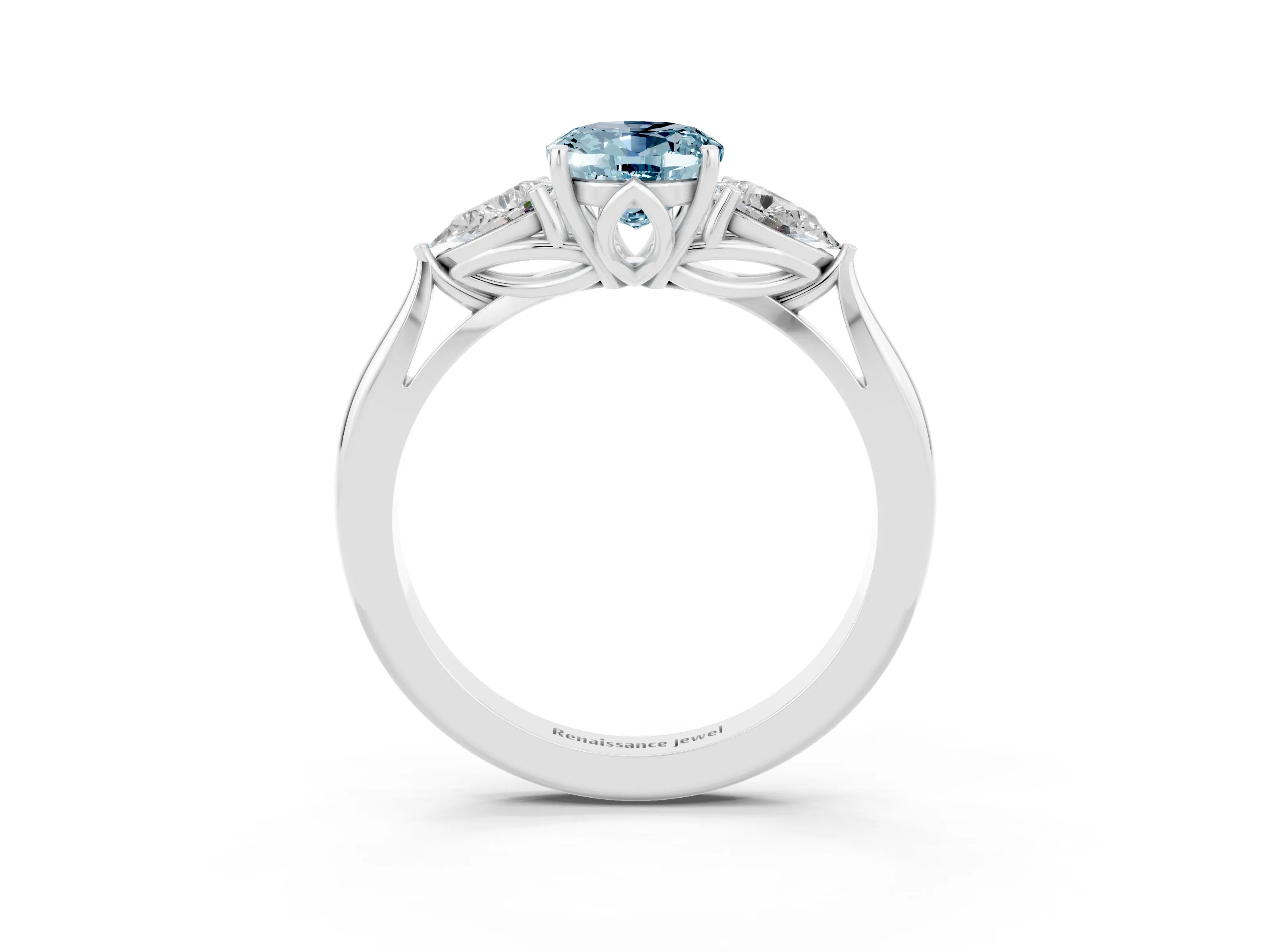 White gold Three-Stone Oval Cut Cut Diamond Ring with Pear Side Stones in Four-Prong Setting_3