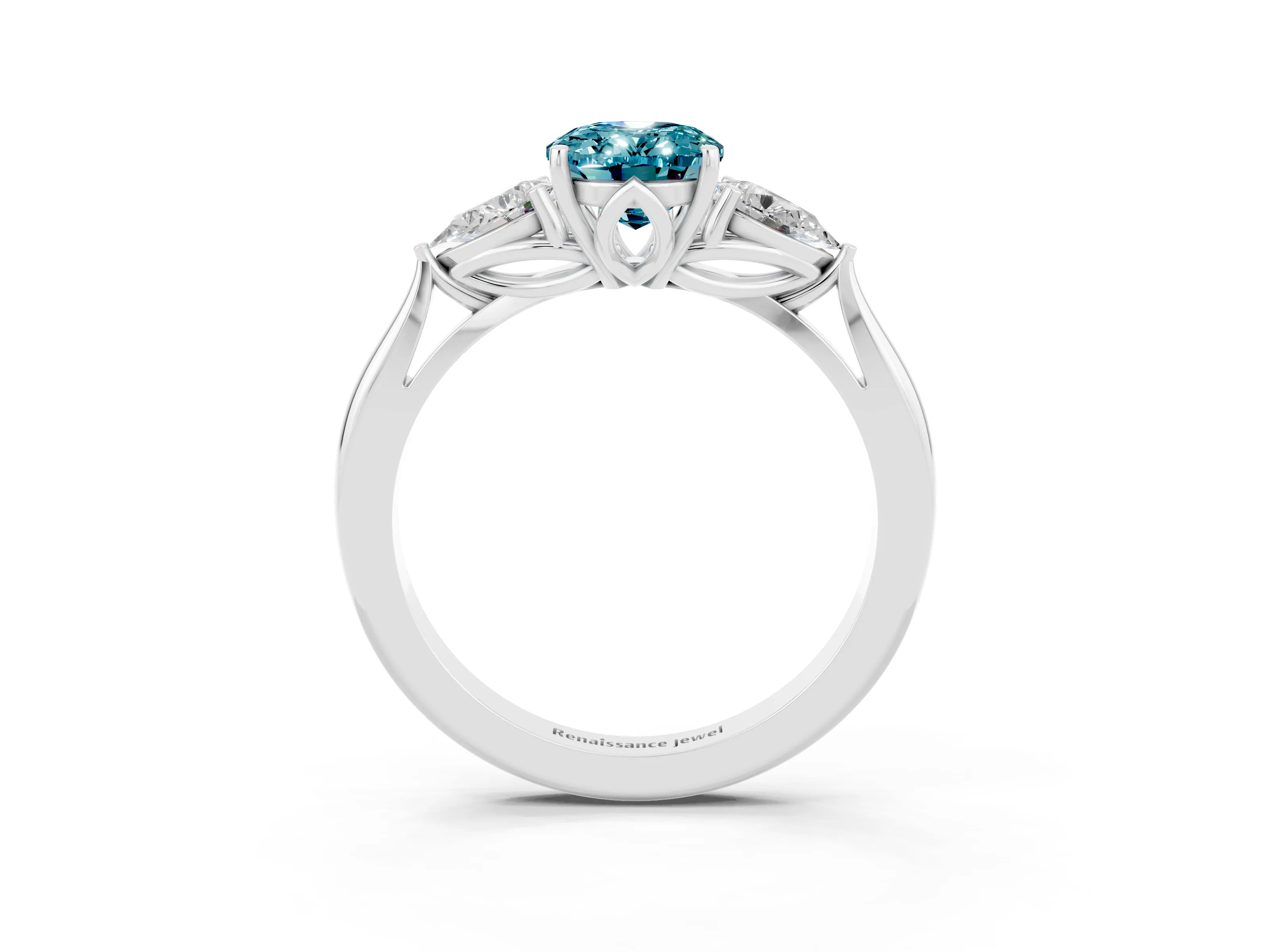 White gold Three-Stone Oval Cut Cut Diamond Ring with Pear Side Stones in Four-Prong Setting_3