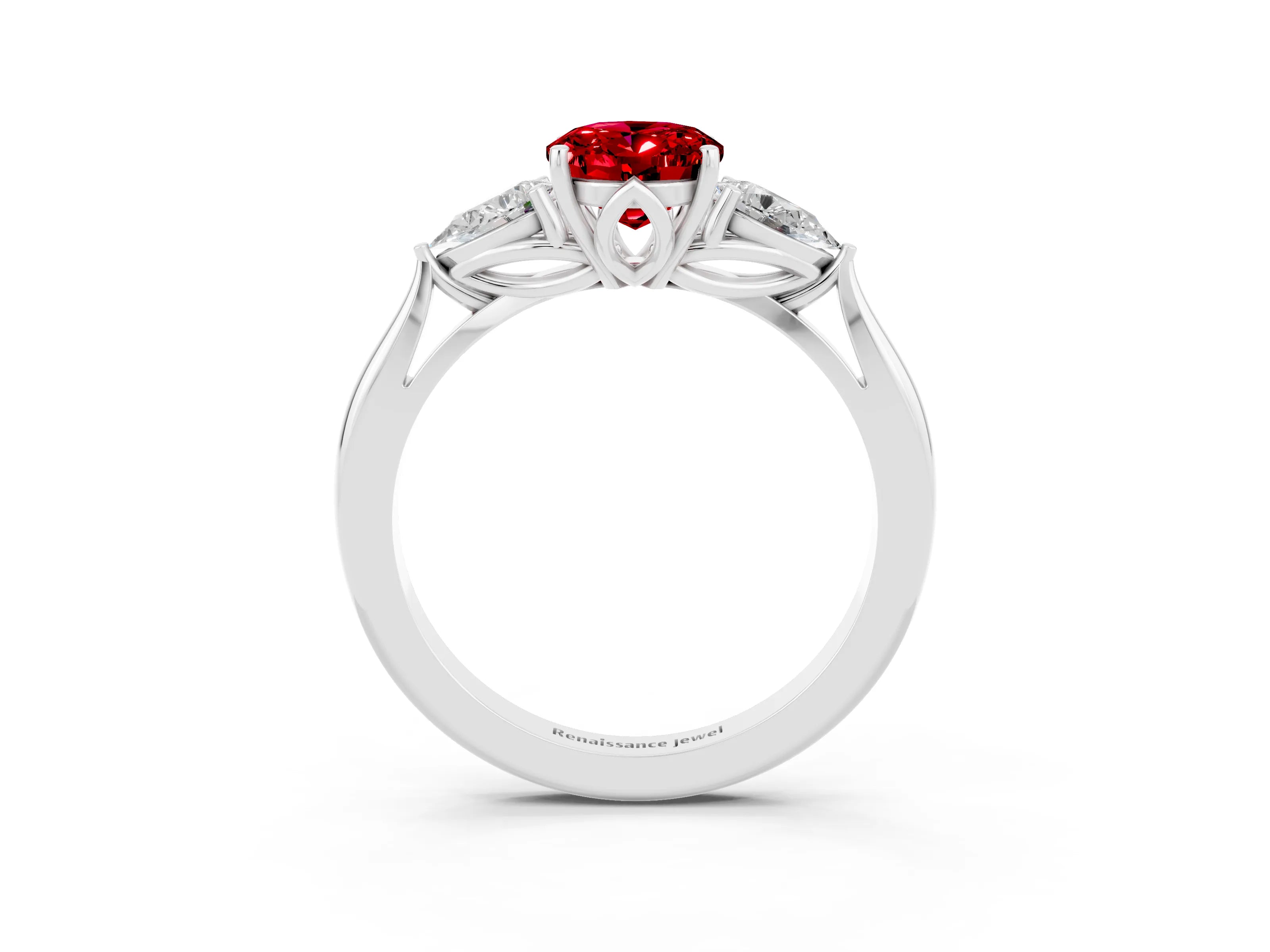 White gold Three-Stone Oval Cut Cut Diamond Ring with Pear Side Stones in Four-Prong Setting_3