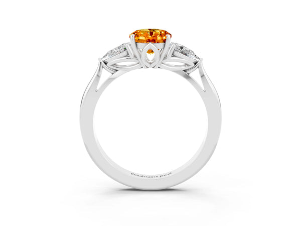 Silver Three-Stone Oval Cut Citrine Ring with Pear  Side Stones in Four-Prong Setting