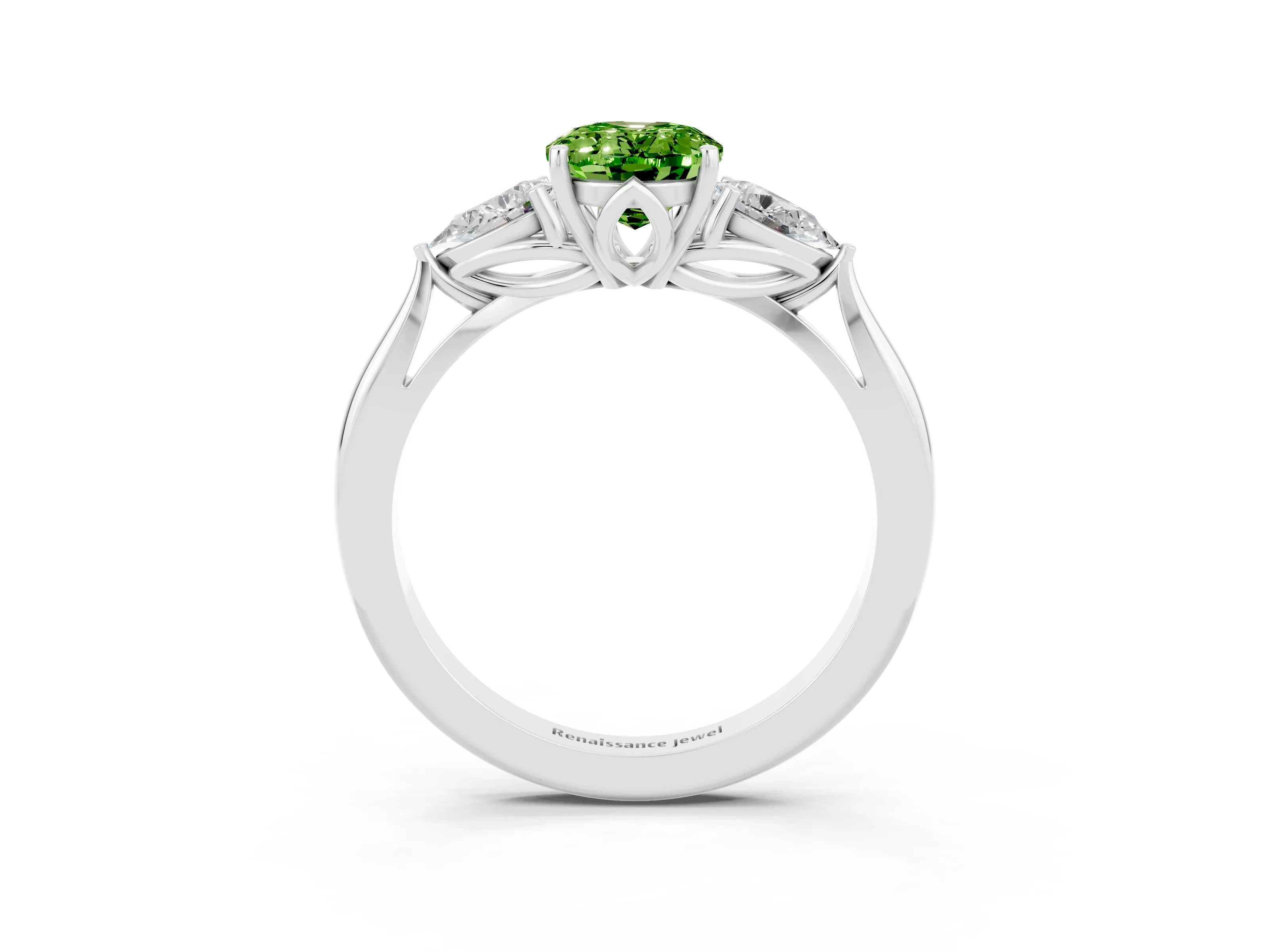 White gold Three-Stone Oval Cut Cut Diamond Ring with Pear Side Stones in Four-Prong Setting_3