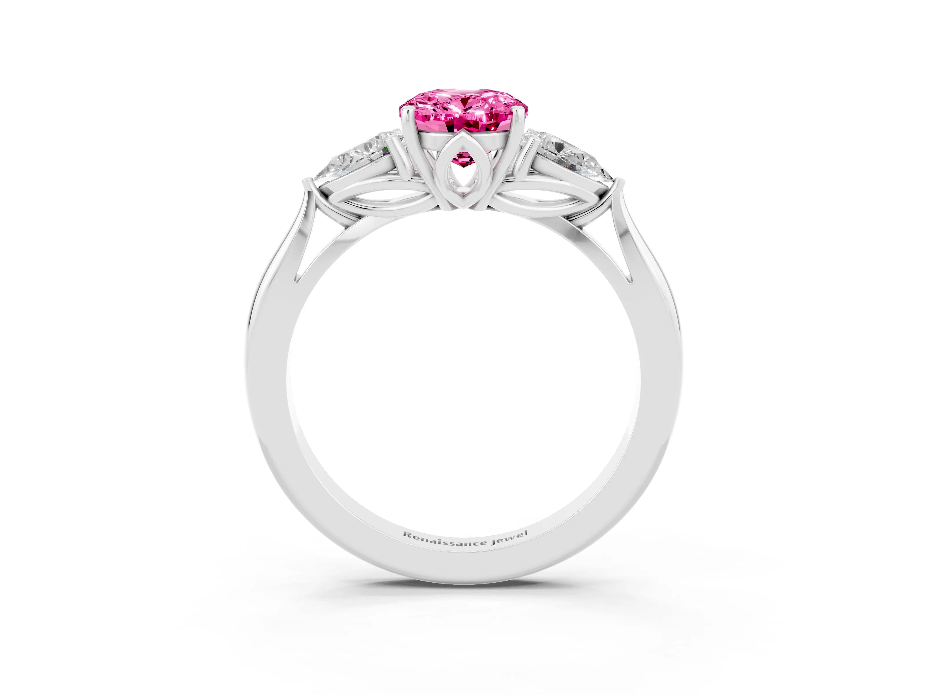 White gold Three-Stone Oval Cut Cut Diamond Ring with Pear Side Stones in Four-Prong Setting_3