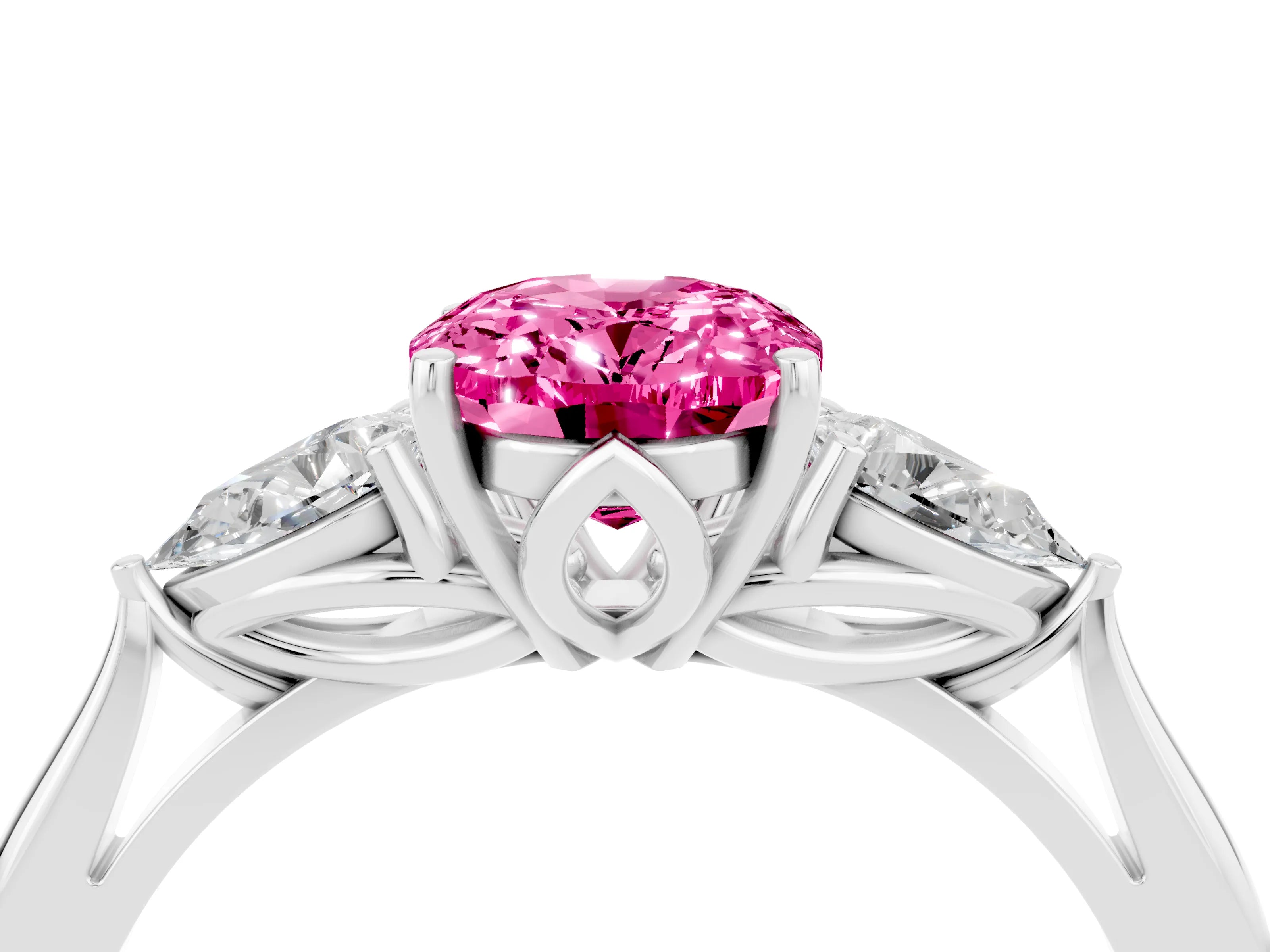 White gold Three-Stone Oval Cut Cut Diamond Ring with Pear Side Stones in Four-Prong Setting_4
