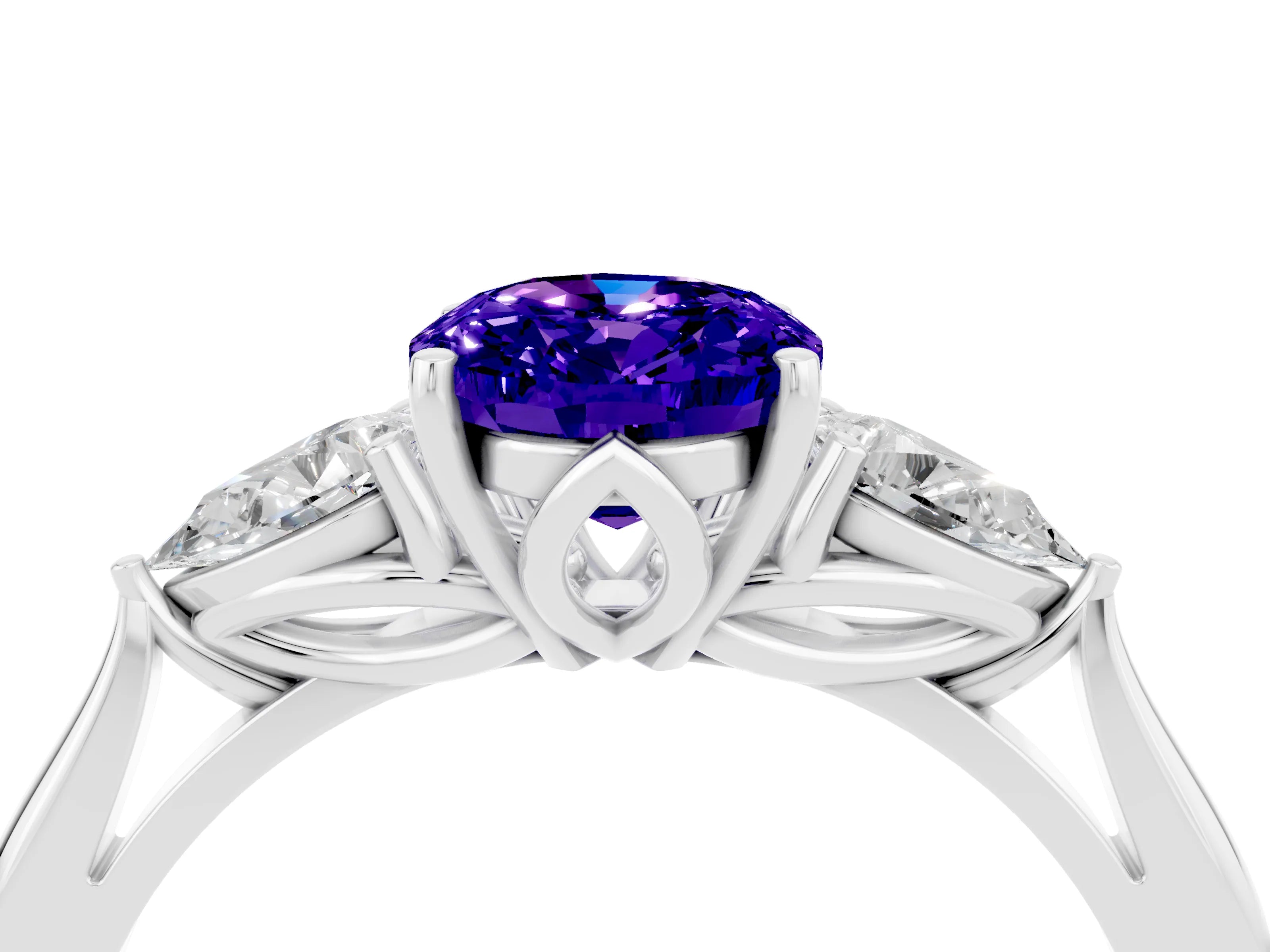 White gold Three-Stone Oval Cut Cut Diamond Ring with Pear Side Stones in Four-Prong Setting_4