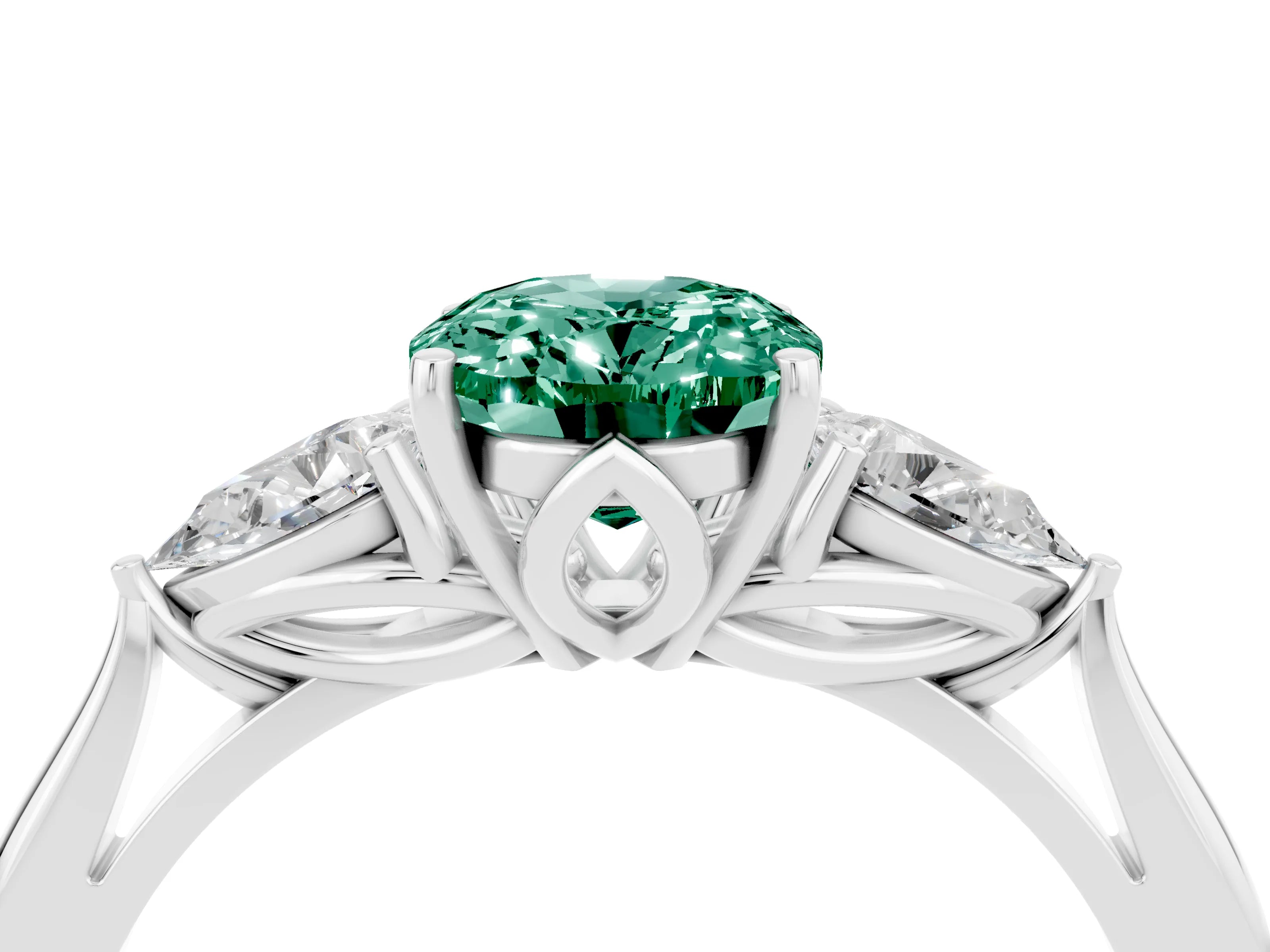 White gold Three-Stone Oval Cut Cut Diamond Ring with Pear Side Stones in Four-Prong Setting_4