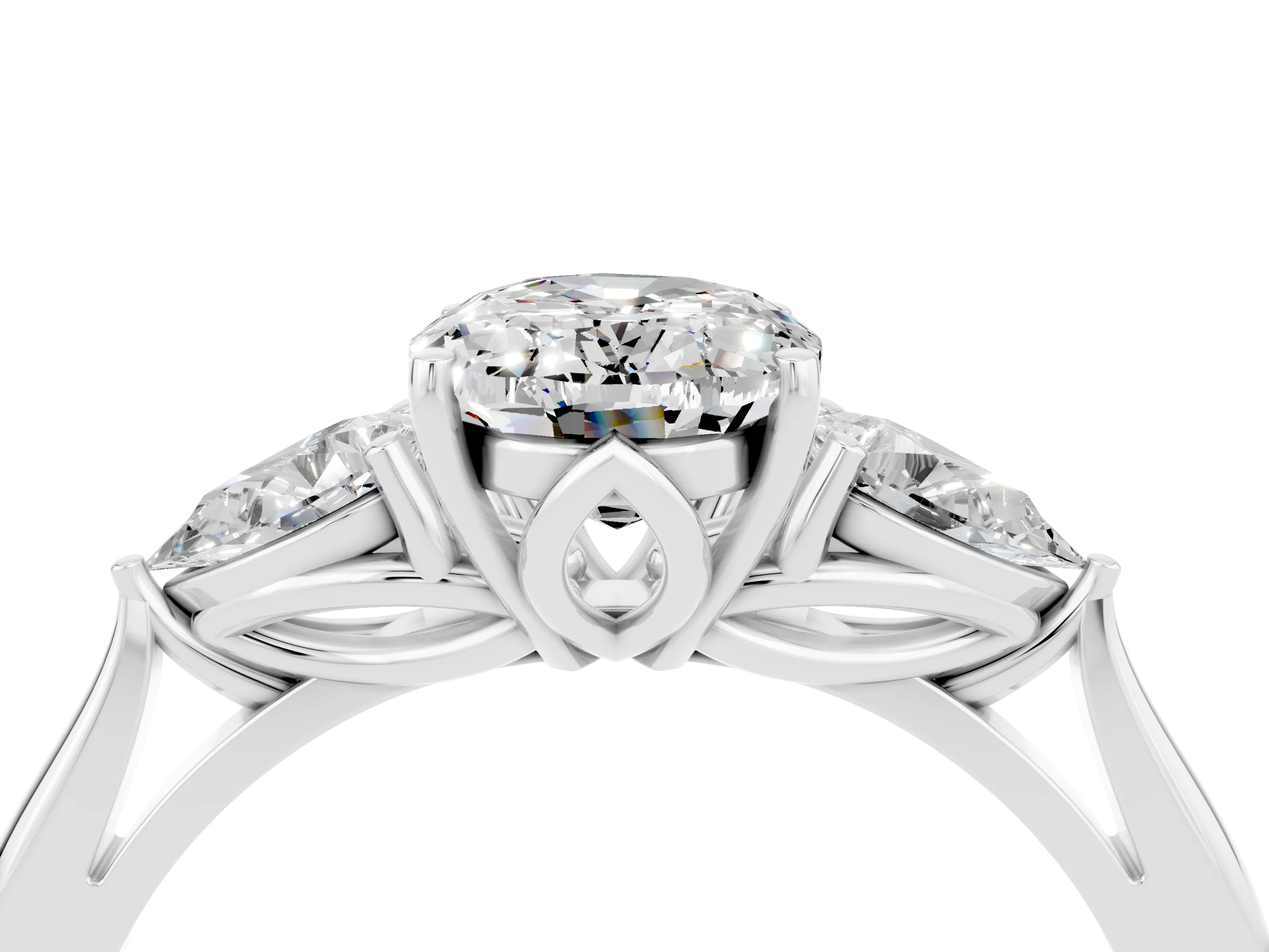 White gold Three-Stone Oval Cut Cut Diamond Ring with Pear Side Stones in Four-Prong Setting_4