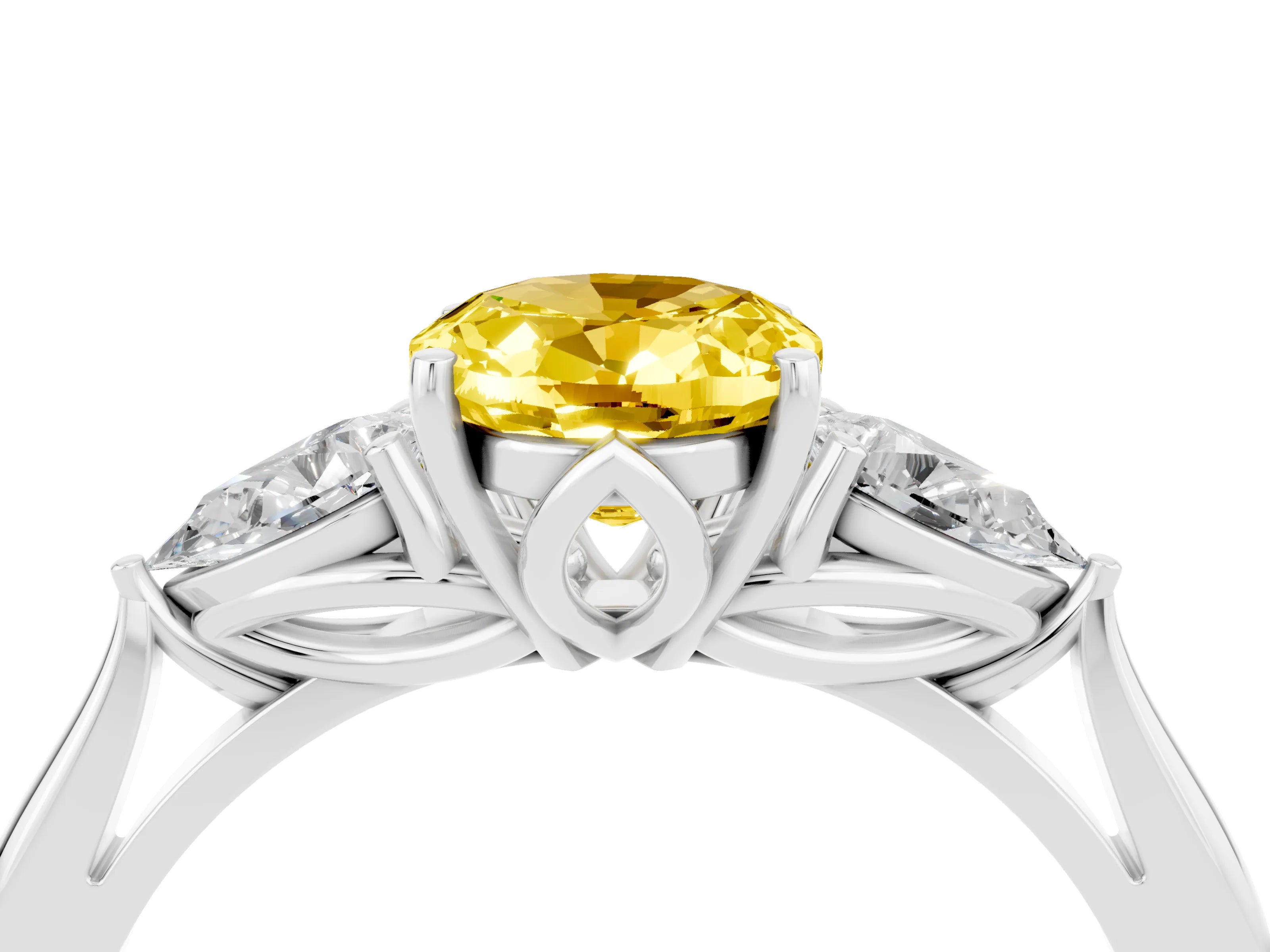 White gold Three-Stone Oval Cut Cut Diamond Ring with Pear Side Stones in Four-Prong Setting_4