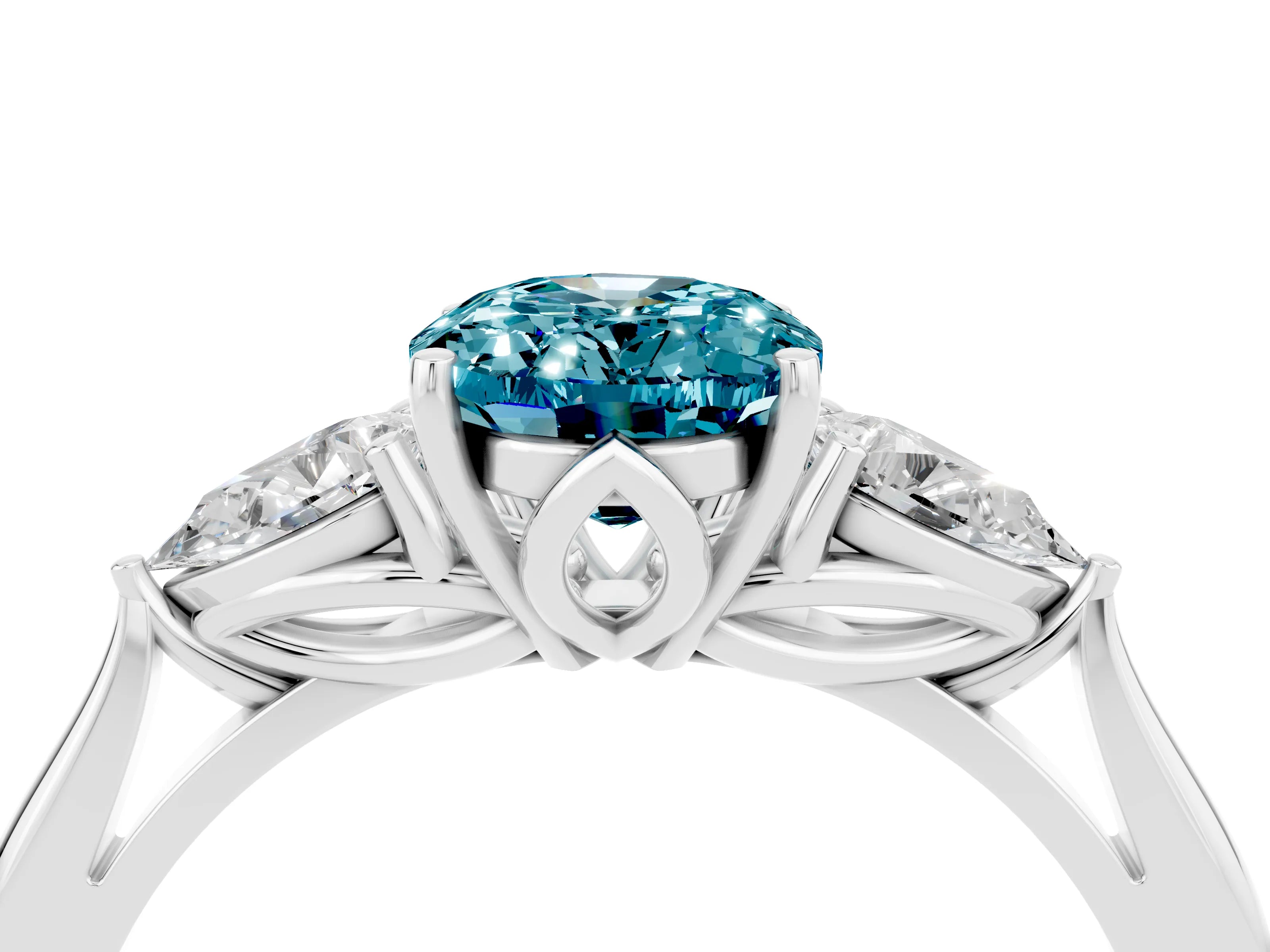 White gold Three-Stone Oval Cut Cut Diamond Ring with Pear Side Stones in Four-Prong Setting_4