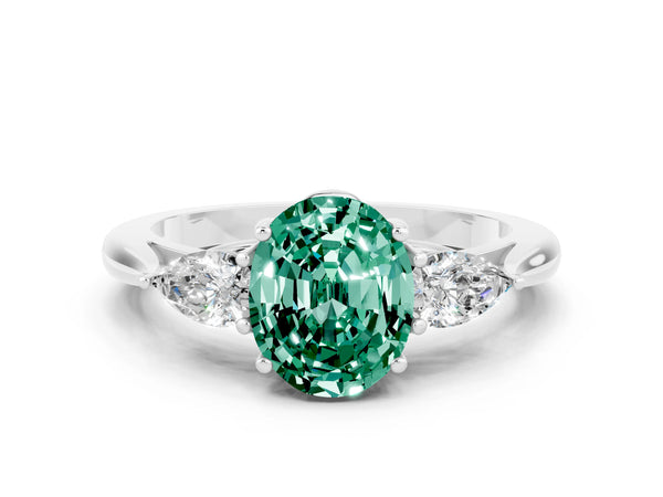 White gold Three-Stone Oval Cut Green Sapphire Ring with Pear  Side Stones in Four-Prong Setting