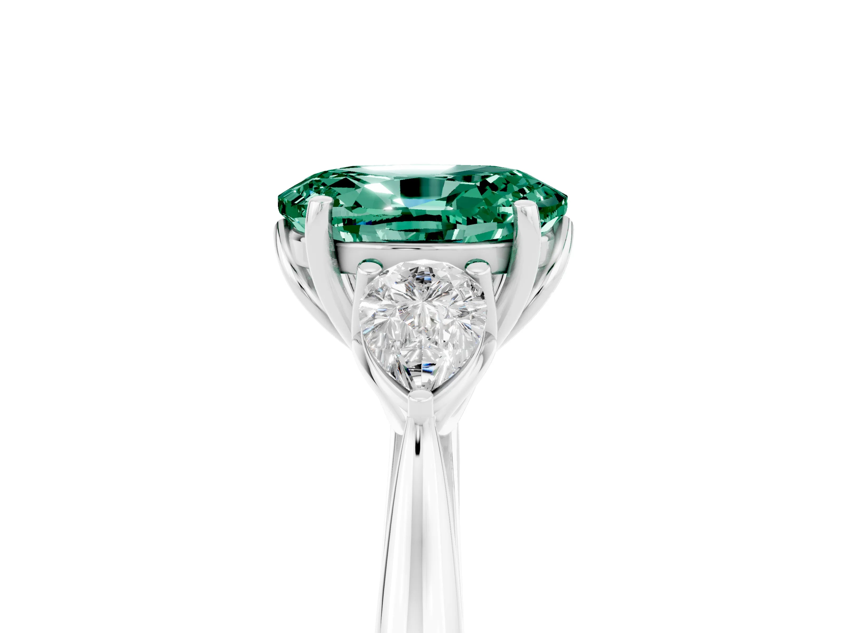 White gold Three-Stone Oval Cut Cut Diamond Ring with Pear Side Stones in Four-Prong Setting_5