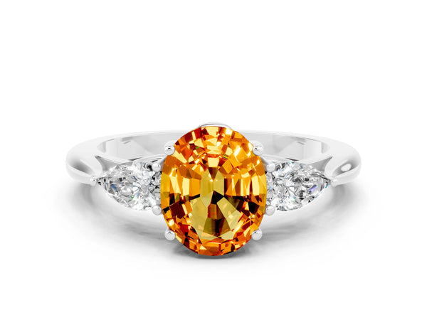 Platinum Three-Stone Oval Cut Citrine Ring with Pear  Side Stones in Four-Prong Setting