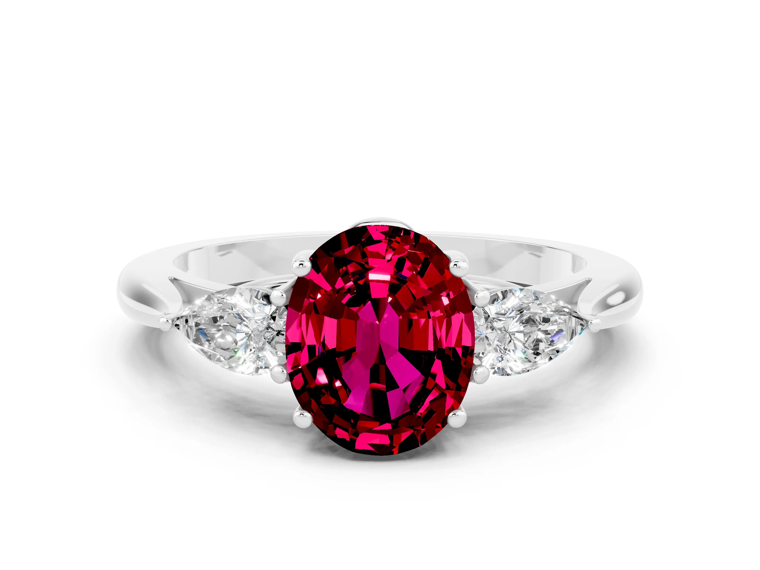 White gold Three-Stone Oval Cut Cut Diamond Ring with Pear Side Stones in Four-Prong Setting