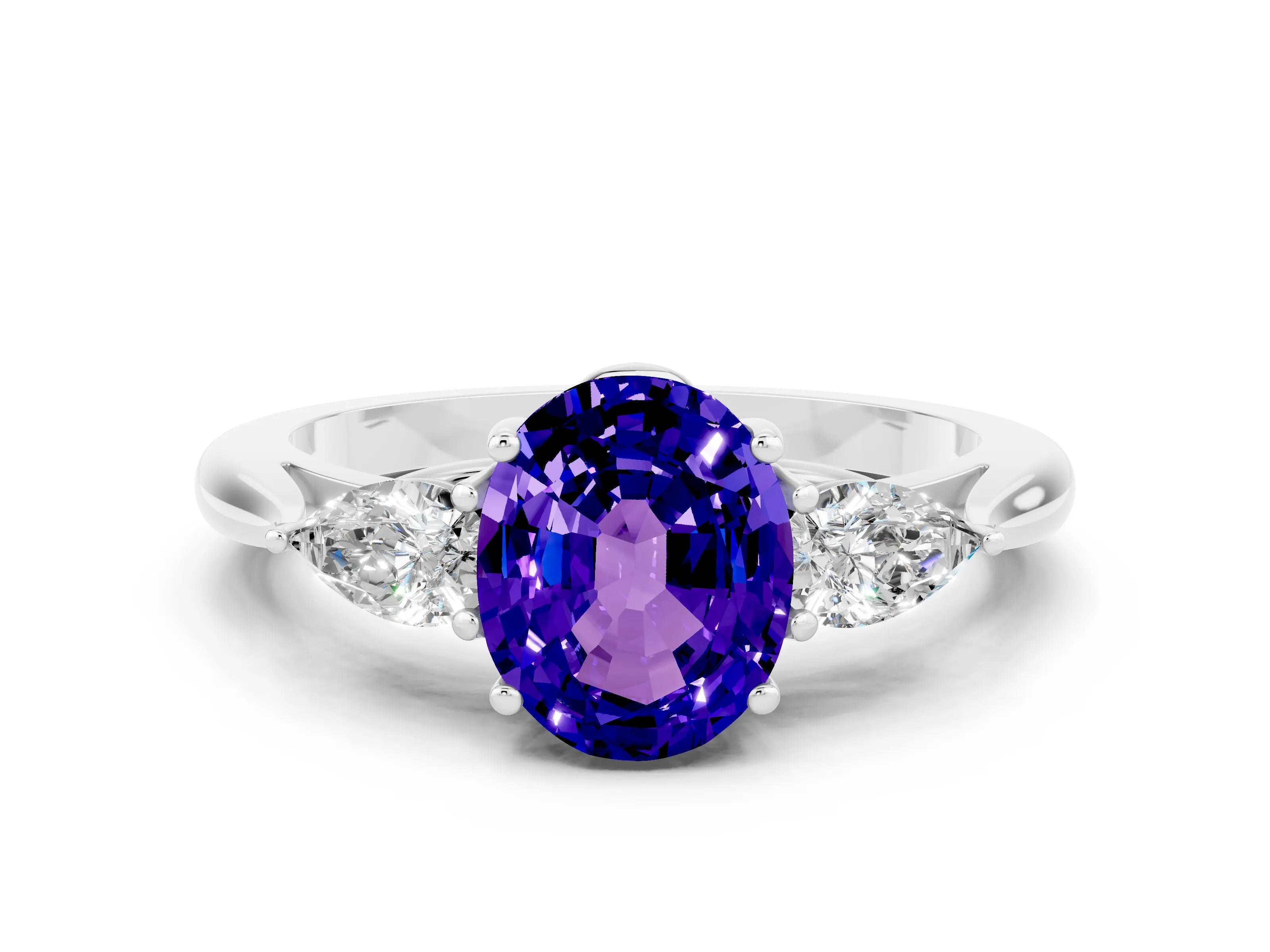 White gold Three-Stone Oval Cut Cut Diamond Ring with Pear Side Stones in Four-Prong Setting