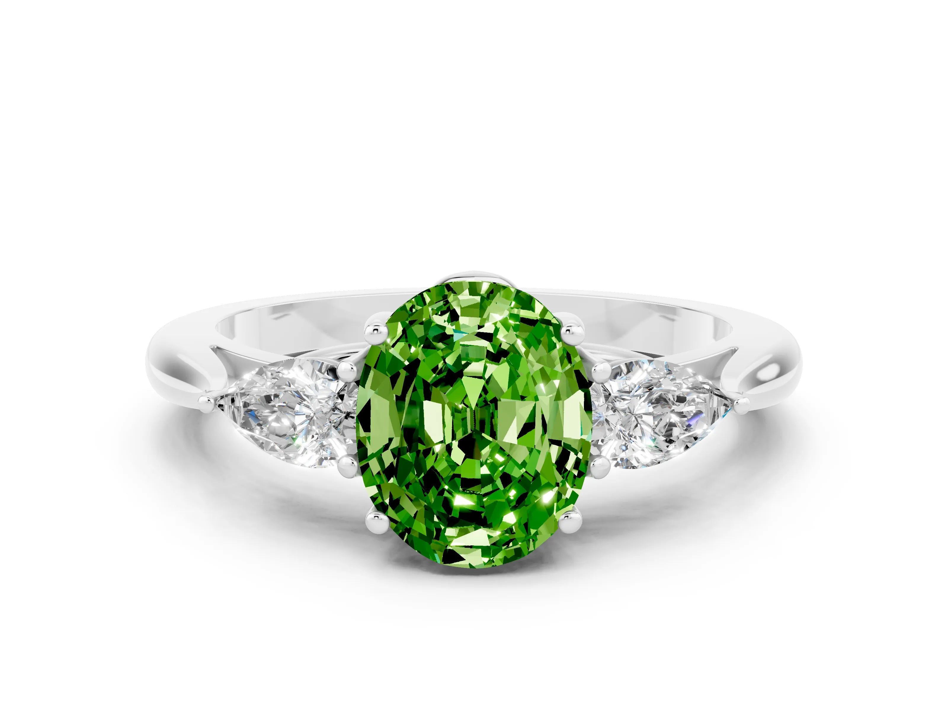 White gold Three-Stone Oval Cut Cut Diamond Ring with Pear Side Stones in Four-Prong Setting