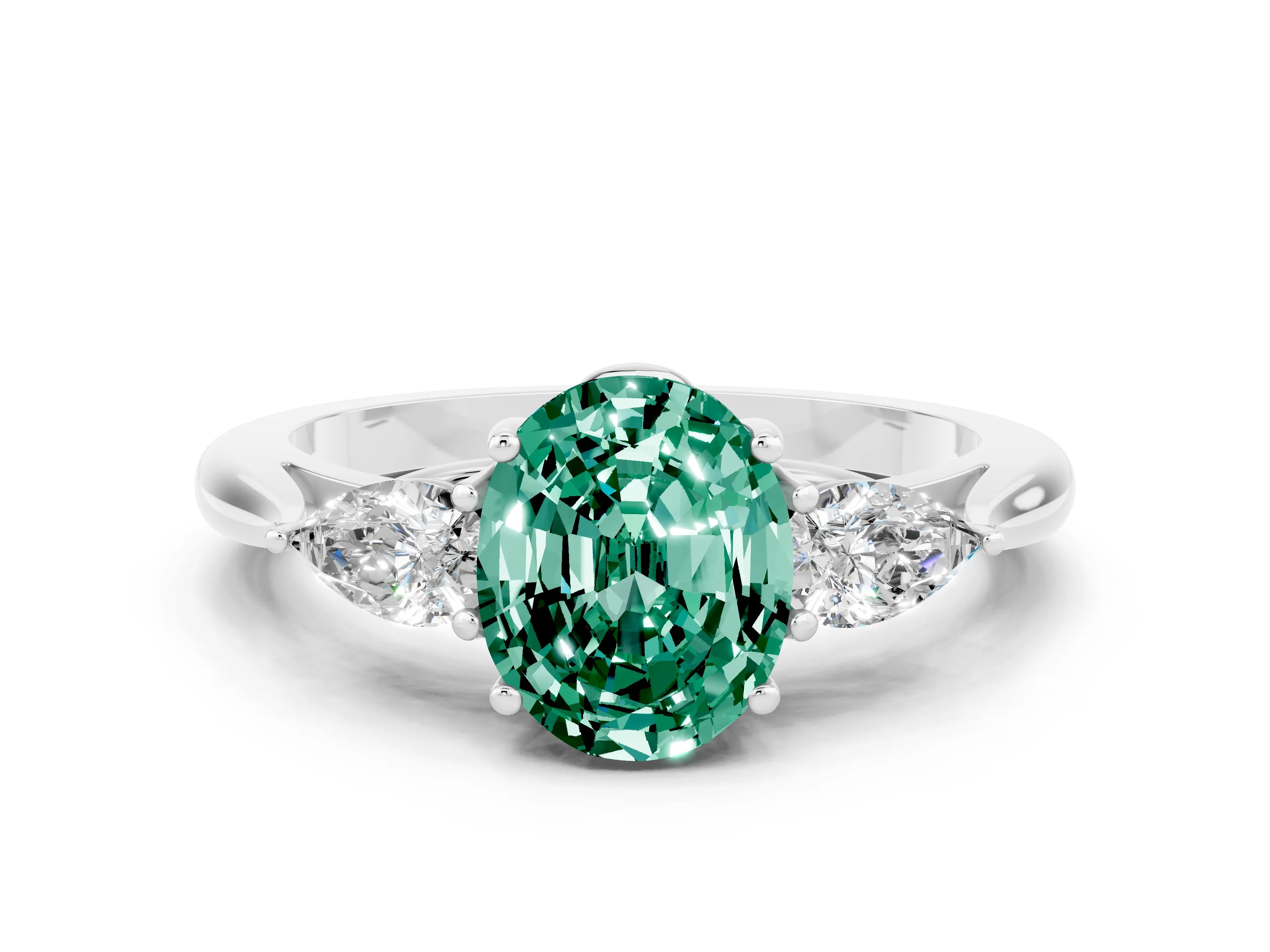 White gold Three-Stone Oval Cut Cut Diamond Ring with Pear Side Stones in Four-Prong Setting