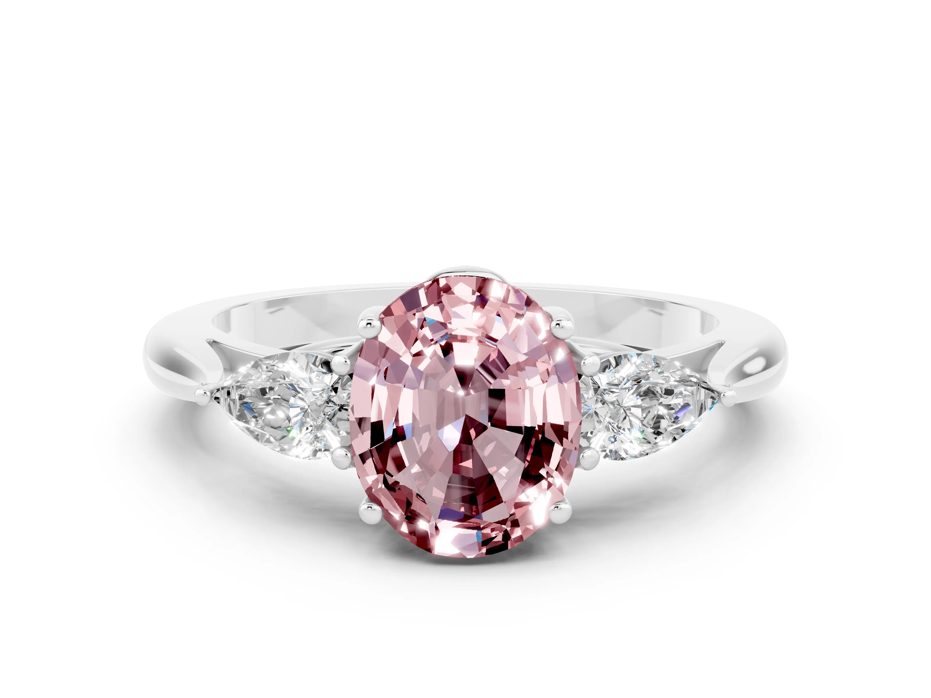 White gold Three-Stone Oval Cut Cut Diamond Ring with Pear Side Stones in Four-Prong Setting