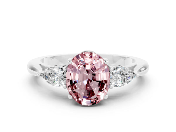 Silver Three-Stone Oval Cut Cut Diamond Ring with Pear Side Stones in Four-Prong Setting