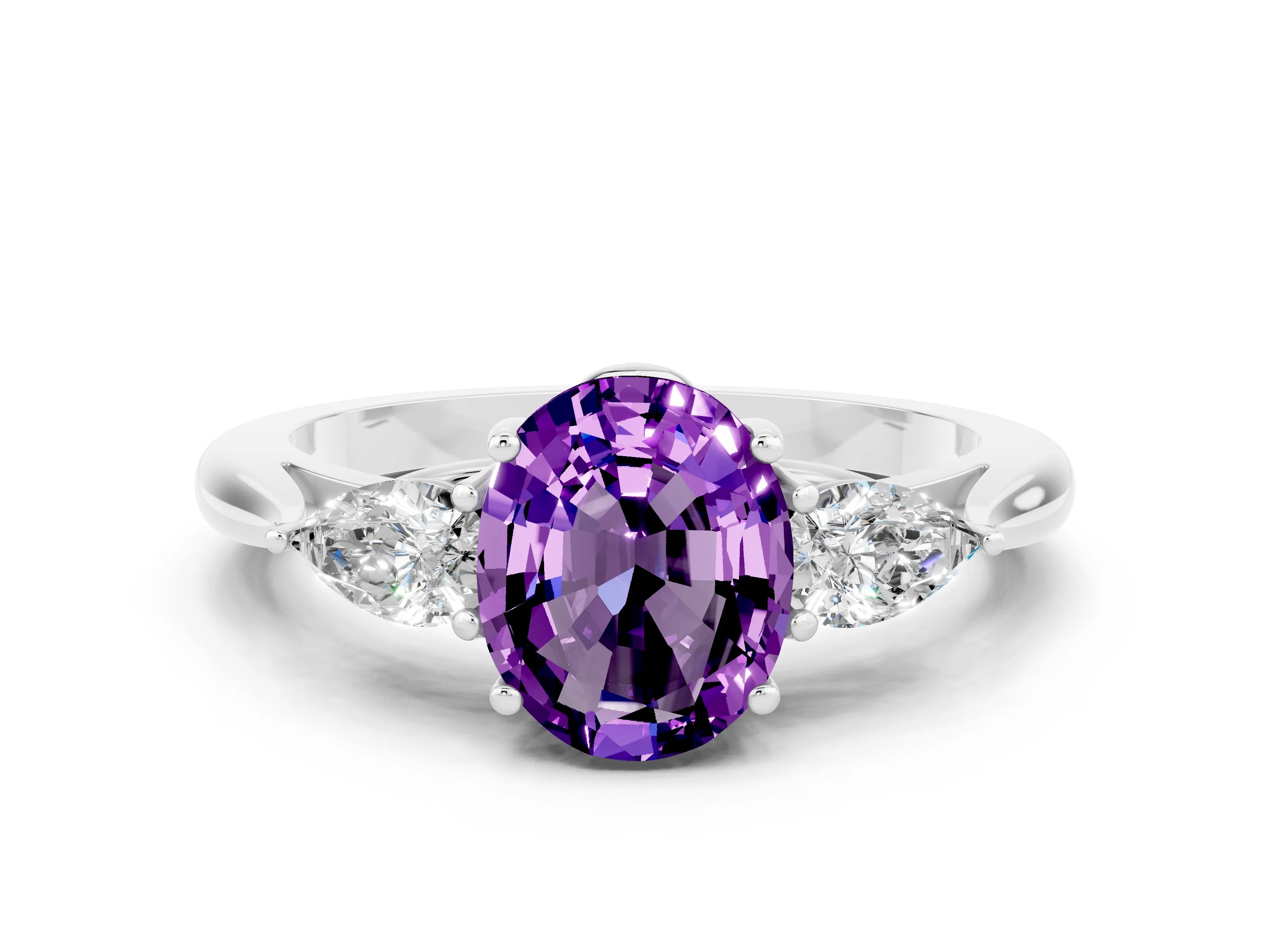 White gold Three-Stone Oval Cut Cut Diamond Ring with Pear Side Stones in Four-Prong Setting