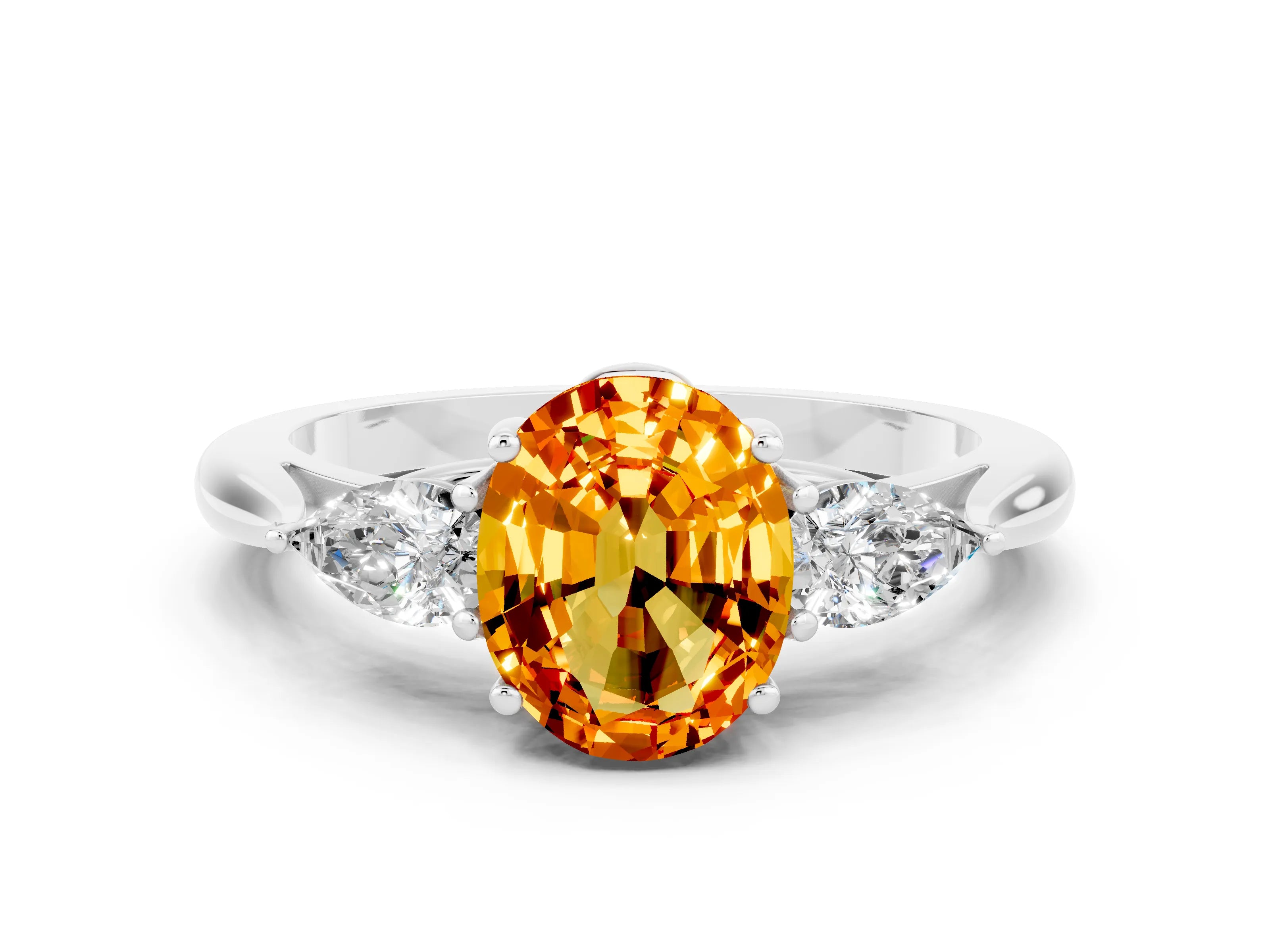 White gold Three-Stone Oval Cut Cut Diamond Ring with Pear Side Stones in Four-Prong Setting