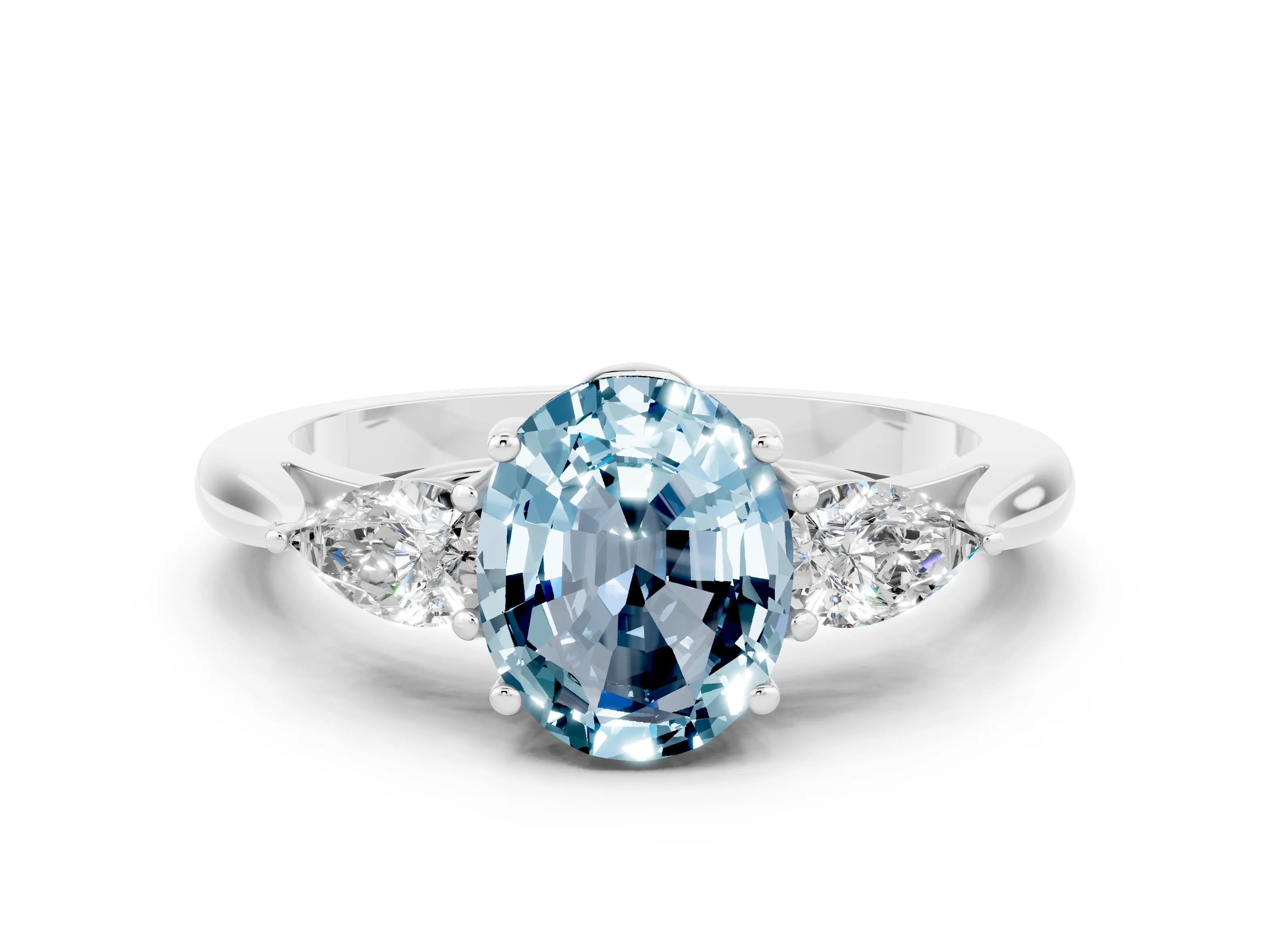 White gold Three-Stone Oval Cut Cut Diamond Ring with Pear Side Stones in Four-Prong Setting